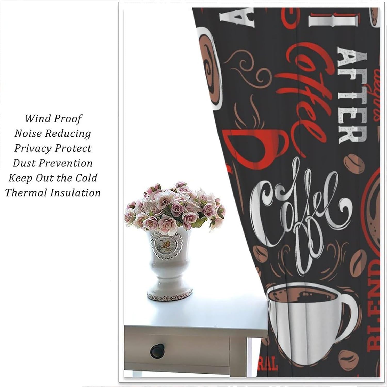 Coffee Kitchen Curtains Black Red Cute Brown White Cartoon Doodle Curtain with Rod Pocket for Farmhouse Bedroom Living Room Home Decor Drapes Window Treatments 2 Panels Set 42x45 Inch