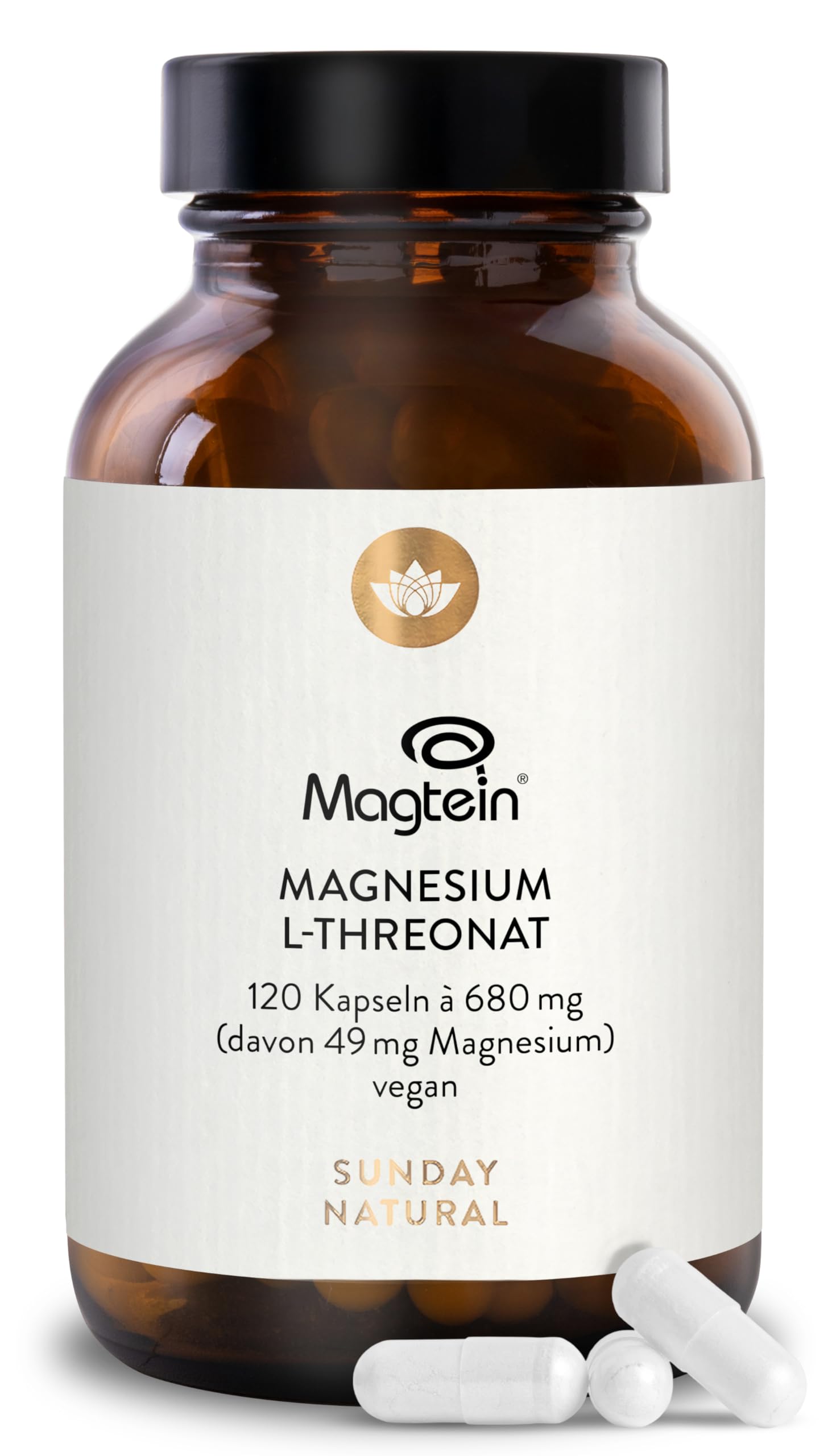 SUNDAY NATURAL® Magnesium Threonate - Markenrohstoff Magtein® –120 Kapseln L-Threonat – 2.040mg Magnesium L-Threonate pro Tagesdosis – zur Versorgung des Nervensystems – Laborgeprüft, vegan