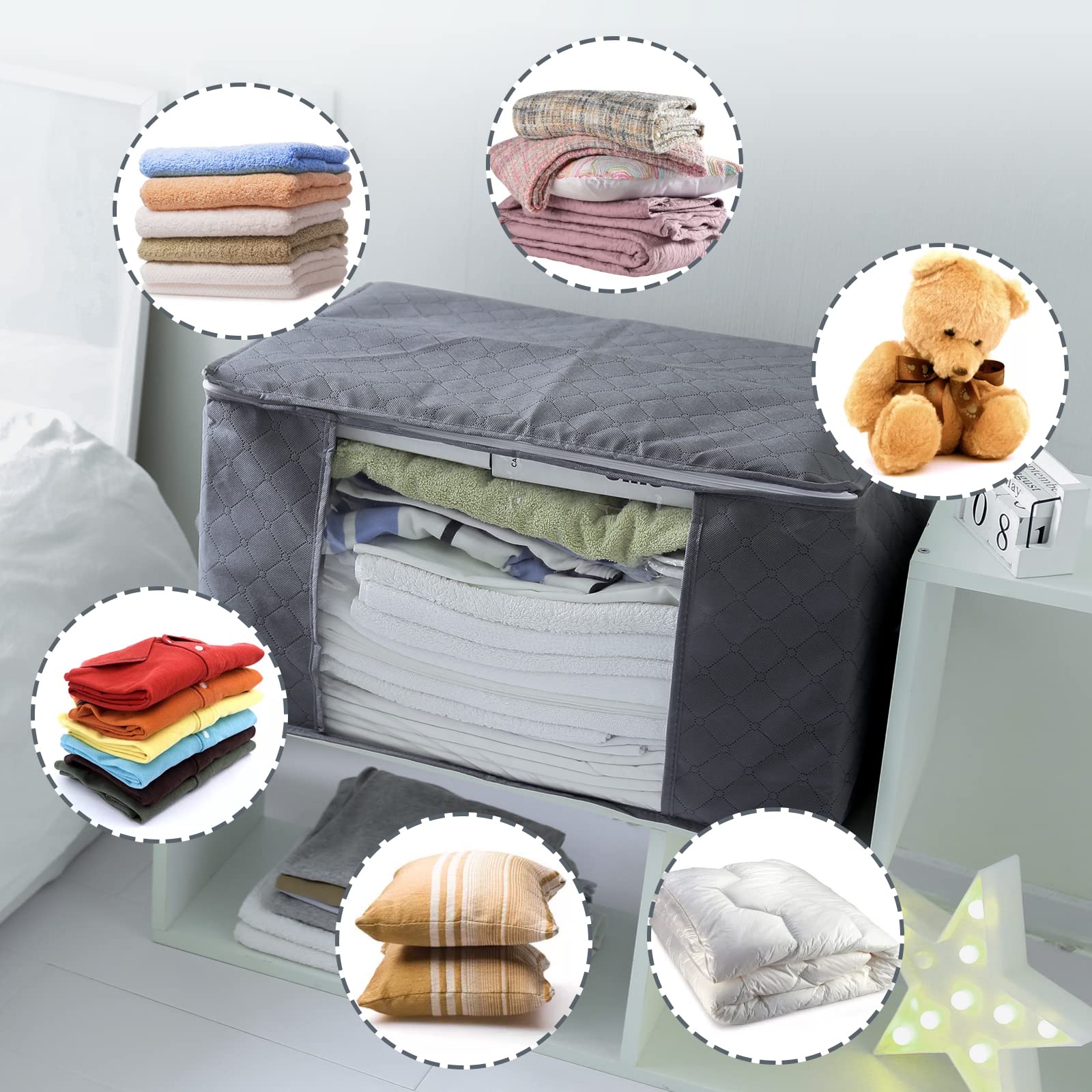 Withosent Lot de 5 Sac de Rangement Vetement 90L, Grands Boite Rangement Vetement sous Lit en Non-Tissé avec Poignée, Pliables Organisateurs pour Couette Literie Couvertures Oreillers Jouets