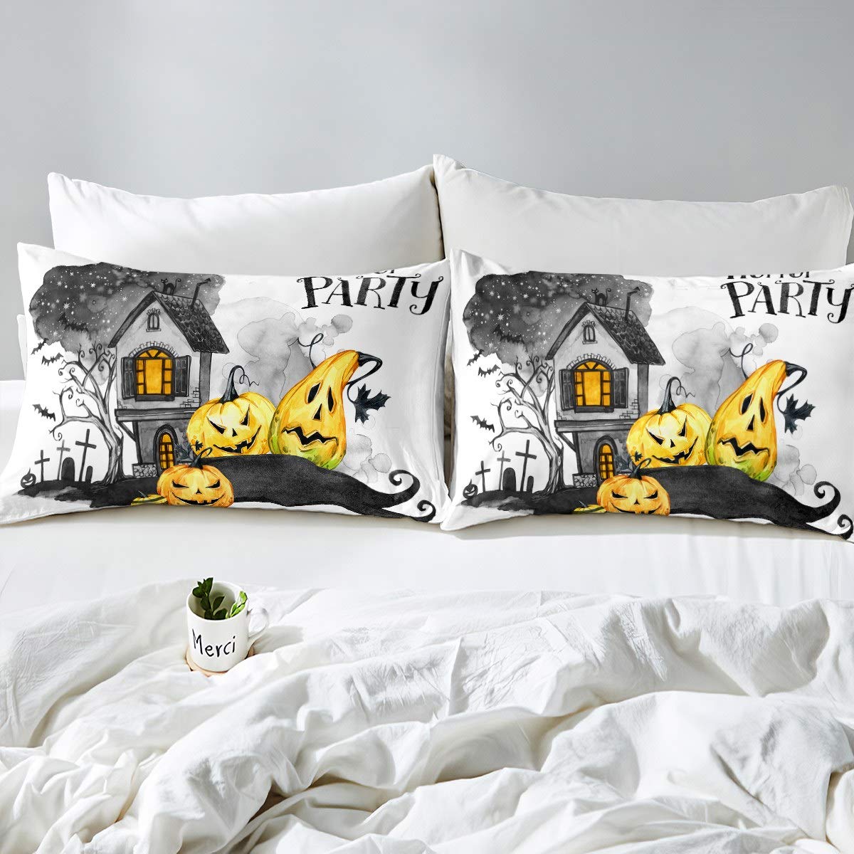 Zestaw pościeli na imprezę Halloween straszna dynia lampion poszewka na kołdrę dla dzieci chłopców dziewcząt dom cmentarz drzewo nadruk narzuta Halloween narzuta sypialnia kolekcja 3 szt. super King