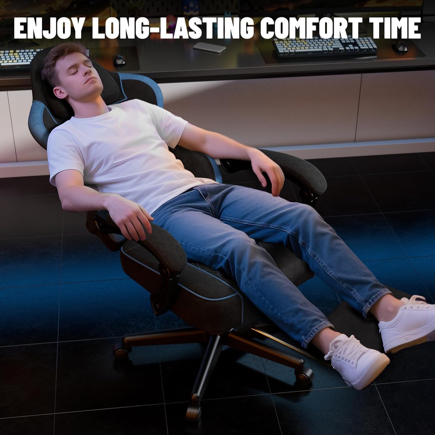 Soontrans Silla Gaming con Cojín Lumbar Masajeador, Silla Gamer con Reposacabezas, Reposapiés, Cadeira Gaming, Tela sintética, Altura Ajustable para Juegos (Negro y Azul)