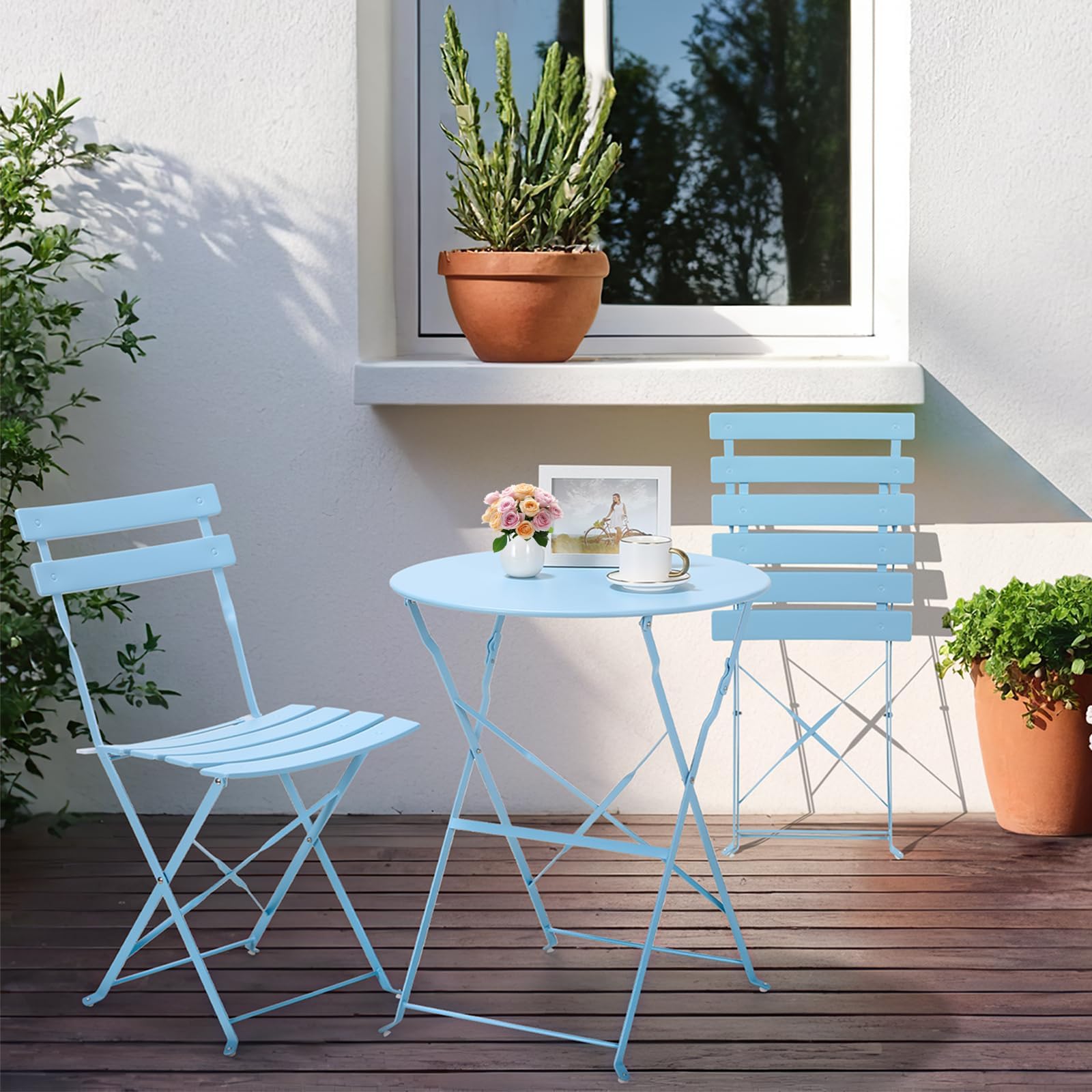 Zestaw Bistro 3-Częściowy, Zestaw Bistro na Balkon z 2 Składanymi Krzesłami, Zestaw Mebli Balkonowych, Zestaw Mebli Ogrodowych, Składany Stół i Krzesła, Metalowy Zestaw Balkonowy, Niebieski