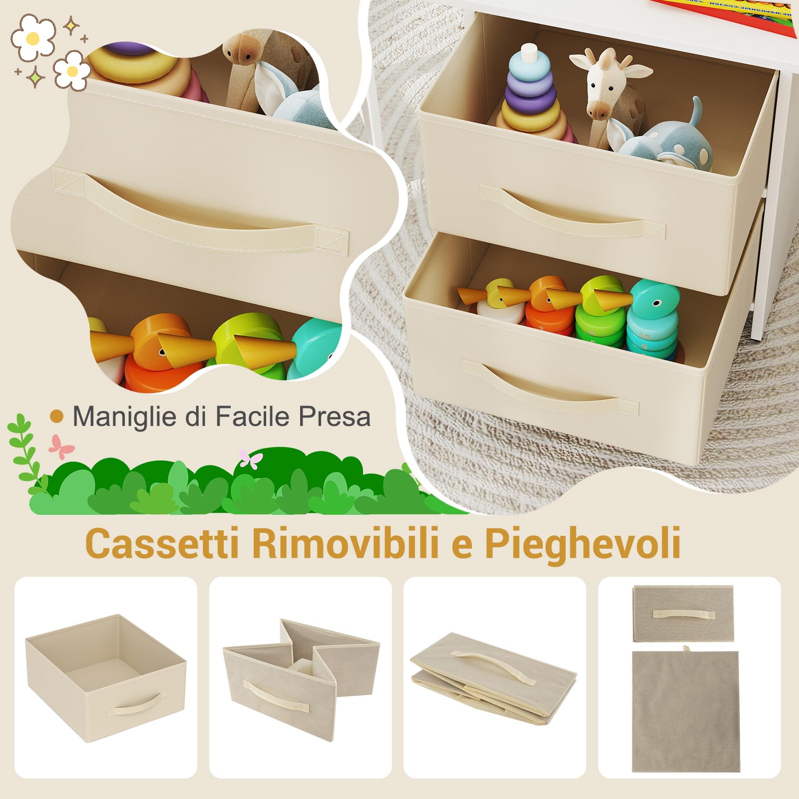 RELAX4LIFE Tavolo per Bambini con 2 Sedie Ergonomiche e 2 Cassetti in Tessuto Rimovibili, Set Scrivania e Sedia per Bambini dai 3 Anni in Su per Giocare e Studiare, Carico 50 kg (Beige)