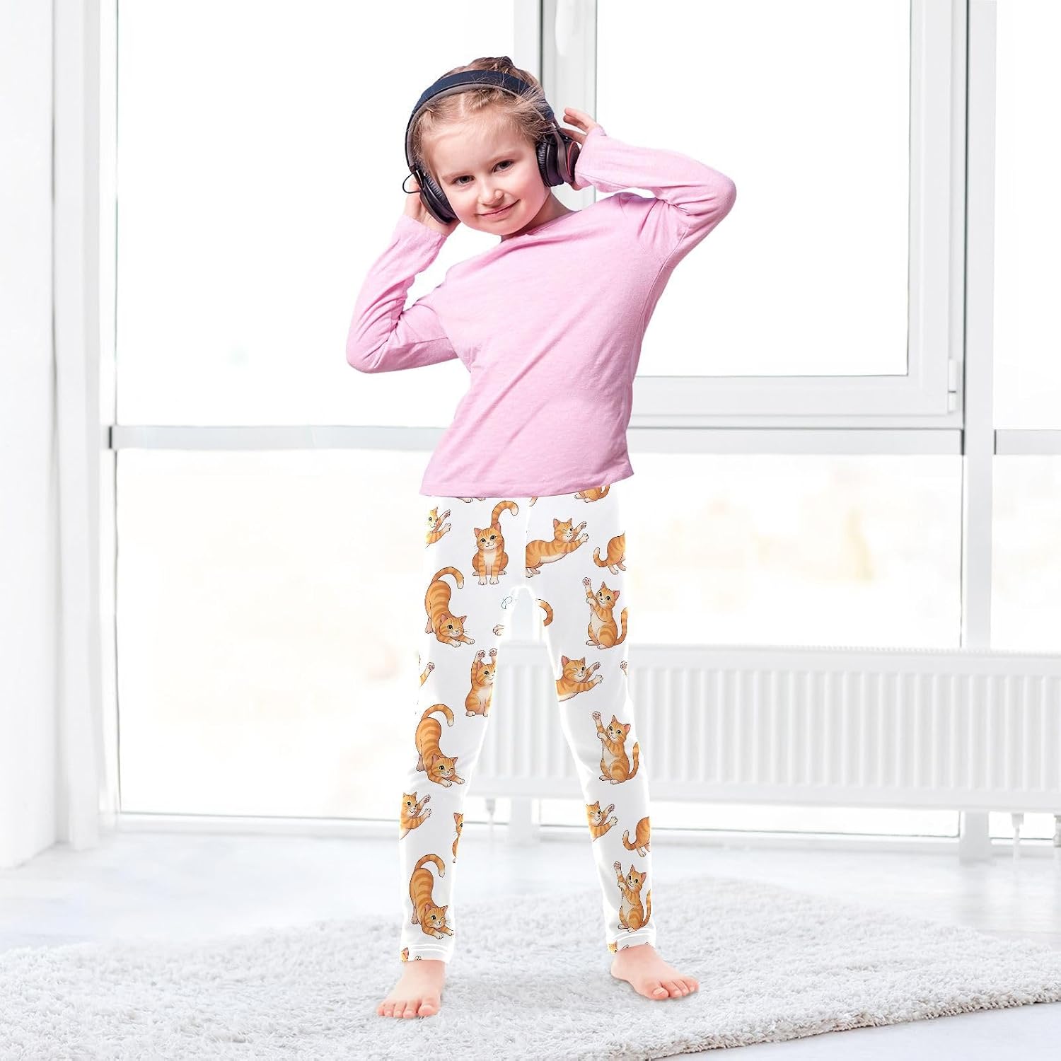 Active Leggings for Girls Cute Cat White