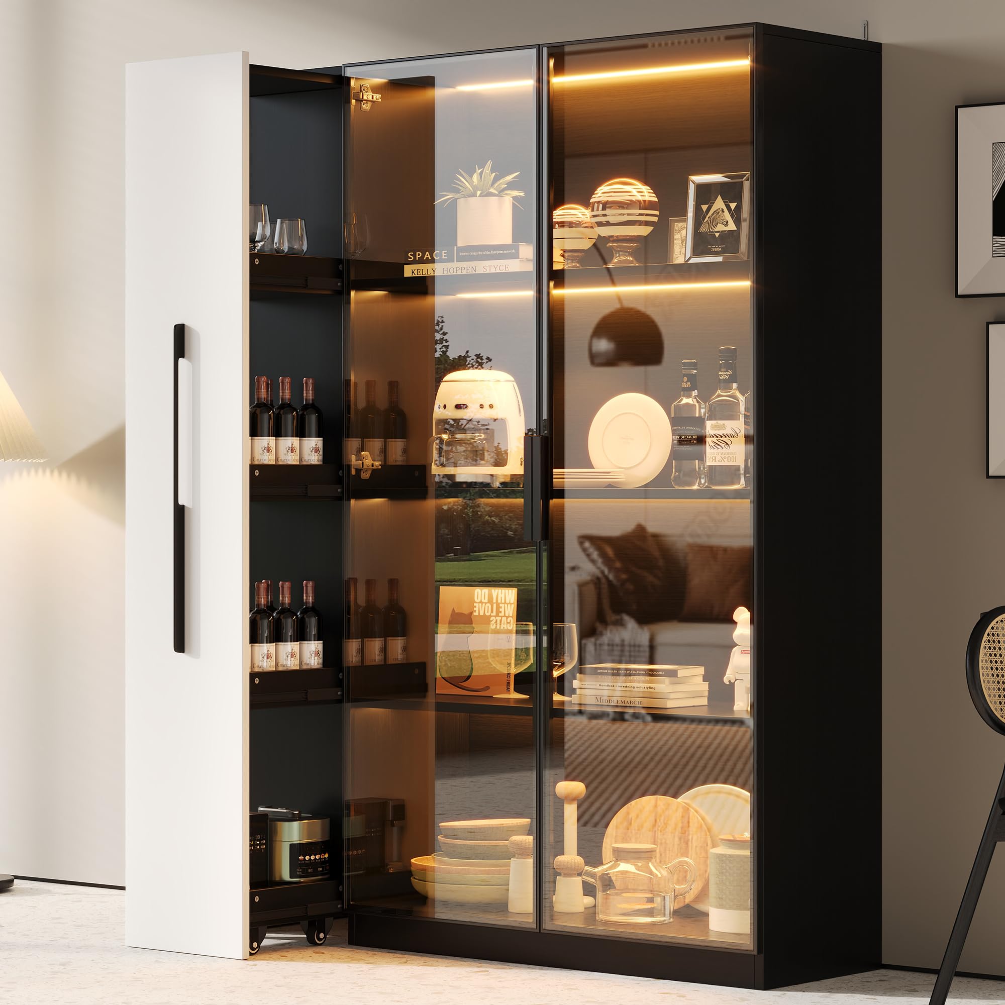 Multifunzionale Armadio 110,5×35×160 cm - Vetrinetta con Porta in Vetro e LED, Estrazione Laterale, Armadio a Ruote Bianco e Nero, Mobile Alto, Libreria, Armadio per Bagno, Credenza per (B)