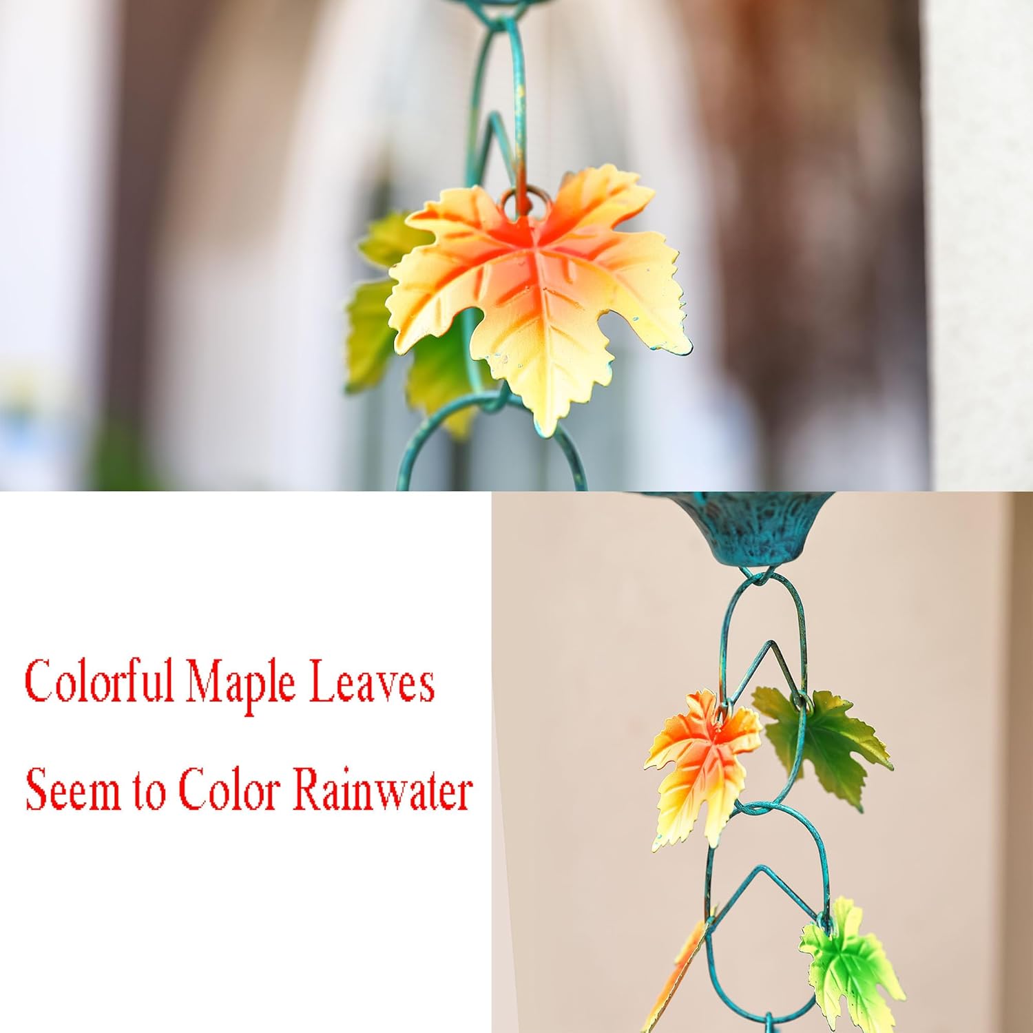 Fall Color Maple Leaf and Cup Rain Chains for Gutters, Rain Chains for Outside 8.5 Ft Decorative Rain Chain, Metal Rain Catcher Chain Outdoor Fall Decorations Harvest