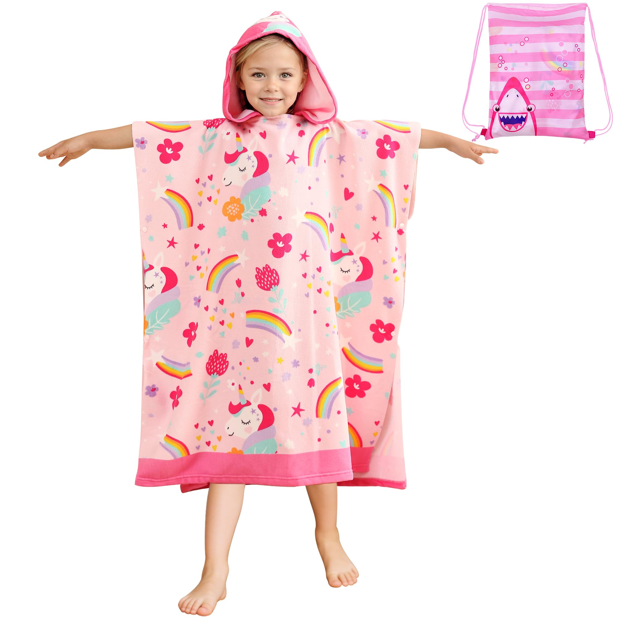 FILOWA Bad Poncho Kids Microvezel Badhanddoek Strand Badhanddoek met Kap Handdoek Poncho Blauw Haai Lang Strandlaken 75 * 180cm Handdoek met Kap Absorberende Handdoeken voor 6-15 Jaar Jongens Meisjes