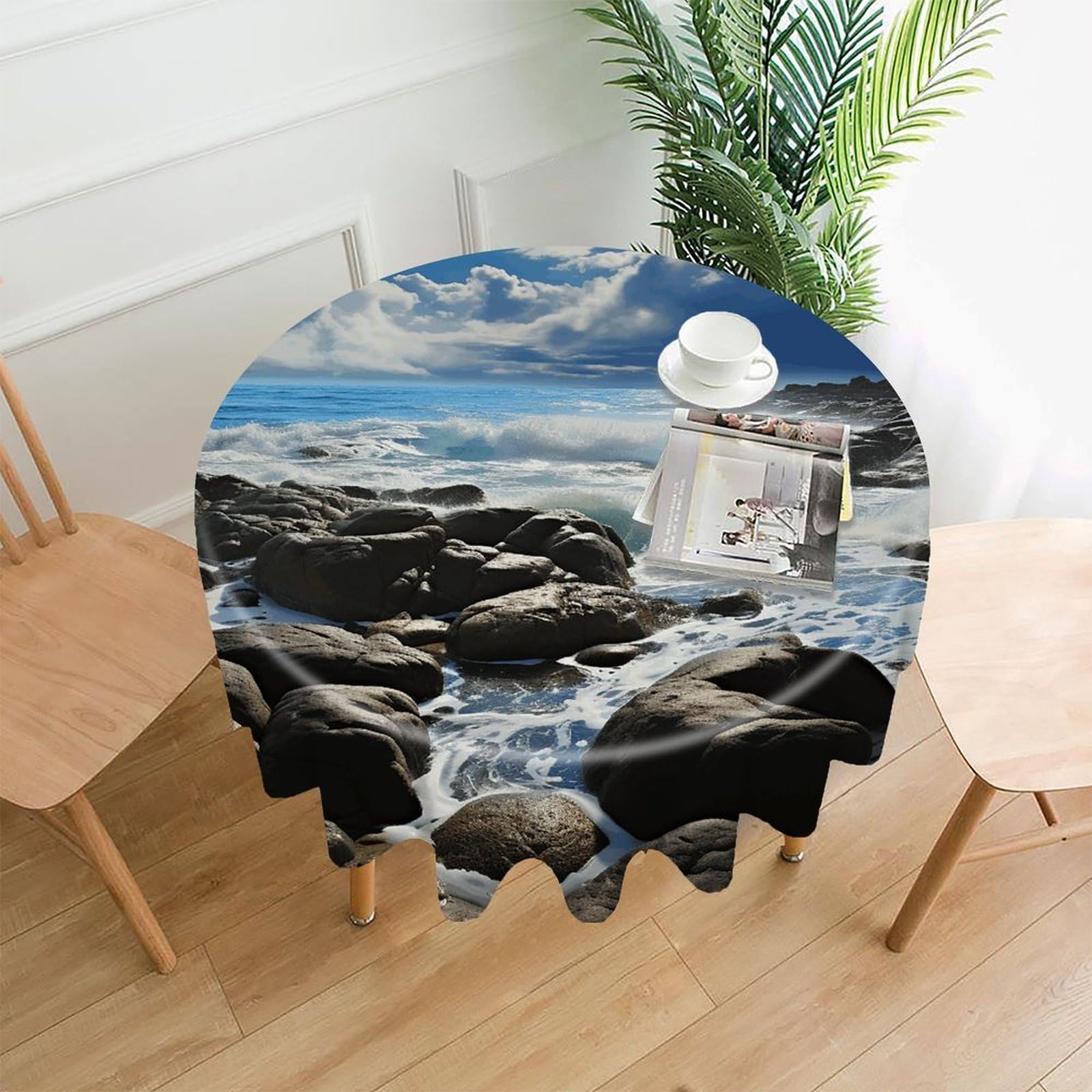 LZQPOEAS Ocean Pouring Over Coastal Rocks Tablecloth Decorative Round Table Cloth Wrinkle Resistant Round Tablecloth Washable Circle Table Cover for Kitchen Dining Party Wedding Camping 60 Inch
