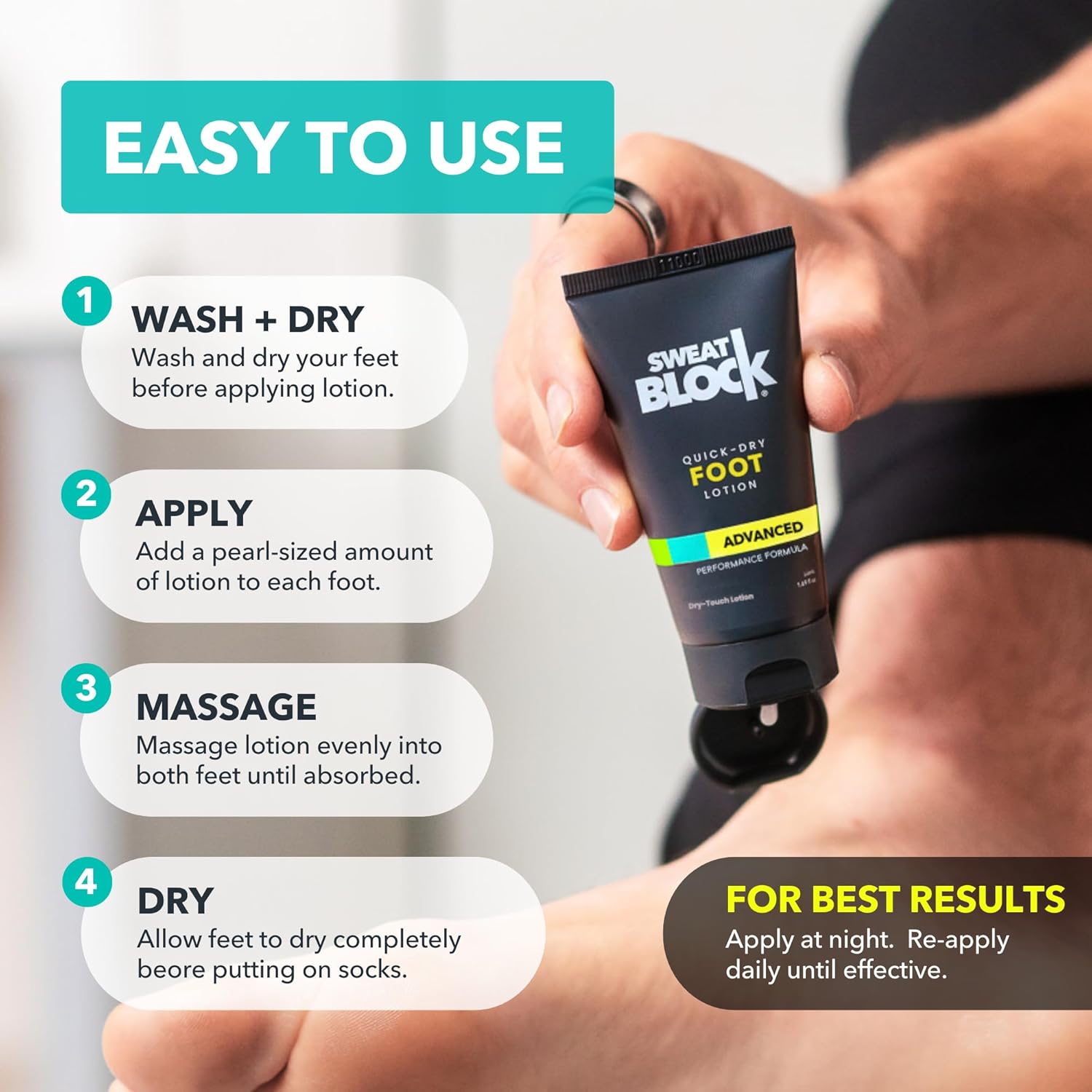 SweatBlock Foot Antiperspirant Lotion 1.69 fl oz for Excessive Sweating and Foot Odor Quick-Dry Hyperhidrosis Aid Eliminates Stinky Feet Non-Irritating Dermatologist Tested Formula for Men and Women - Image 5