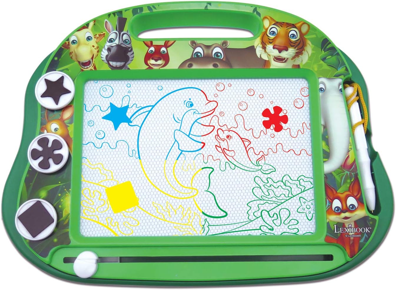 LEXIBOOK CRANX550 Multicolor Magic Magnetic Animals Drawing Board, Artistic Creative Toy for Girls and Boys, Stylus Pen and Stamps, Green