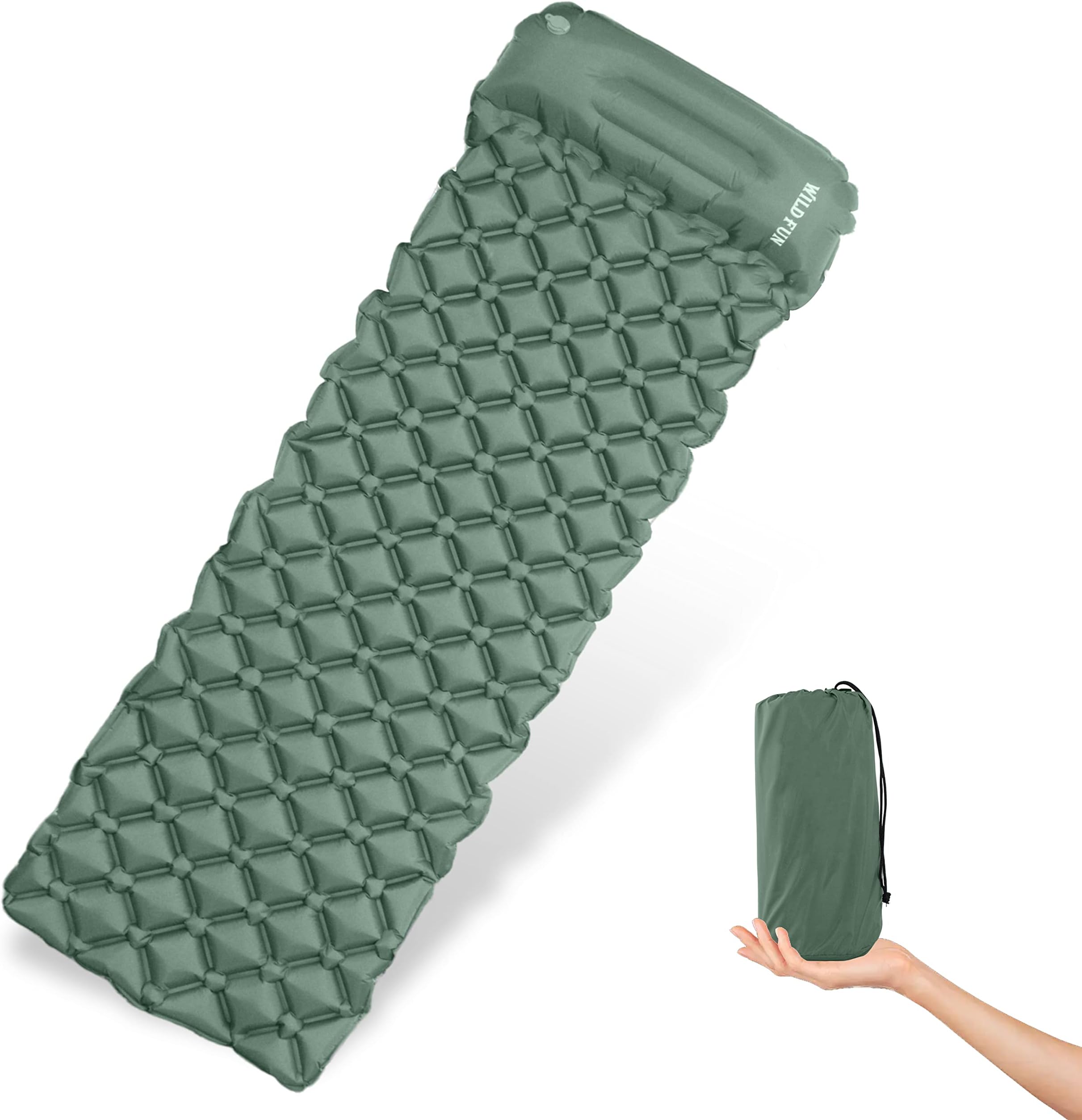 WILD FUN Sleeping Pad for Camping Ultralight 2" Thick Inflatable Sleeping Mat with Pillow Air Mattress for Hiking, Traveling, Camping (Dark Green)