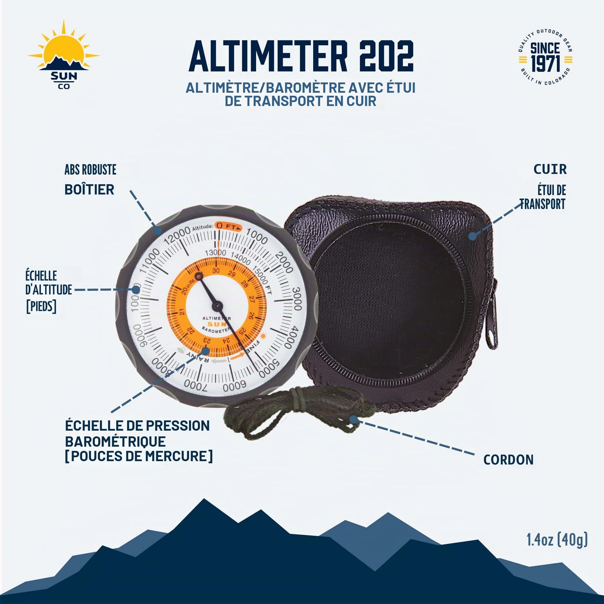 Sun Company Altimètre 202M – Altimètre et baromètre sans Pile | Indicateur de Tendance météo avec étui en Cuir Souple | Lit l'altitude de 0 à 5 000 mètres