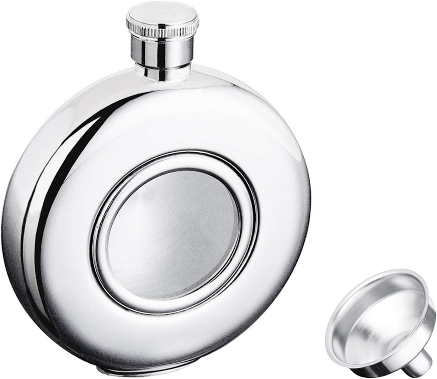 5oz Classic Round Mirror Finished Hip Flask with Transparent Glass Window, with a Funnel 18/8 Stainless Steel-YM122
