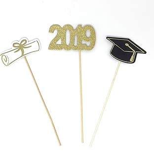 PaperGala Double Sided Graduation 2019 Centerpiece Sticks Gold Set of 3 Graduation Hat Diploma Year Floral Picks Glitter and Foil (Gold-2019) - coolthings.us