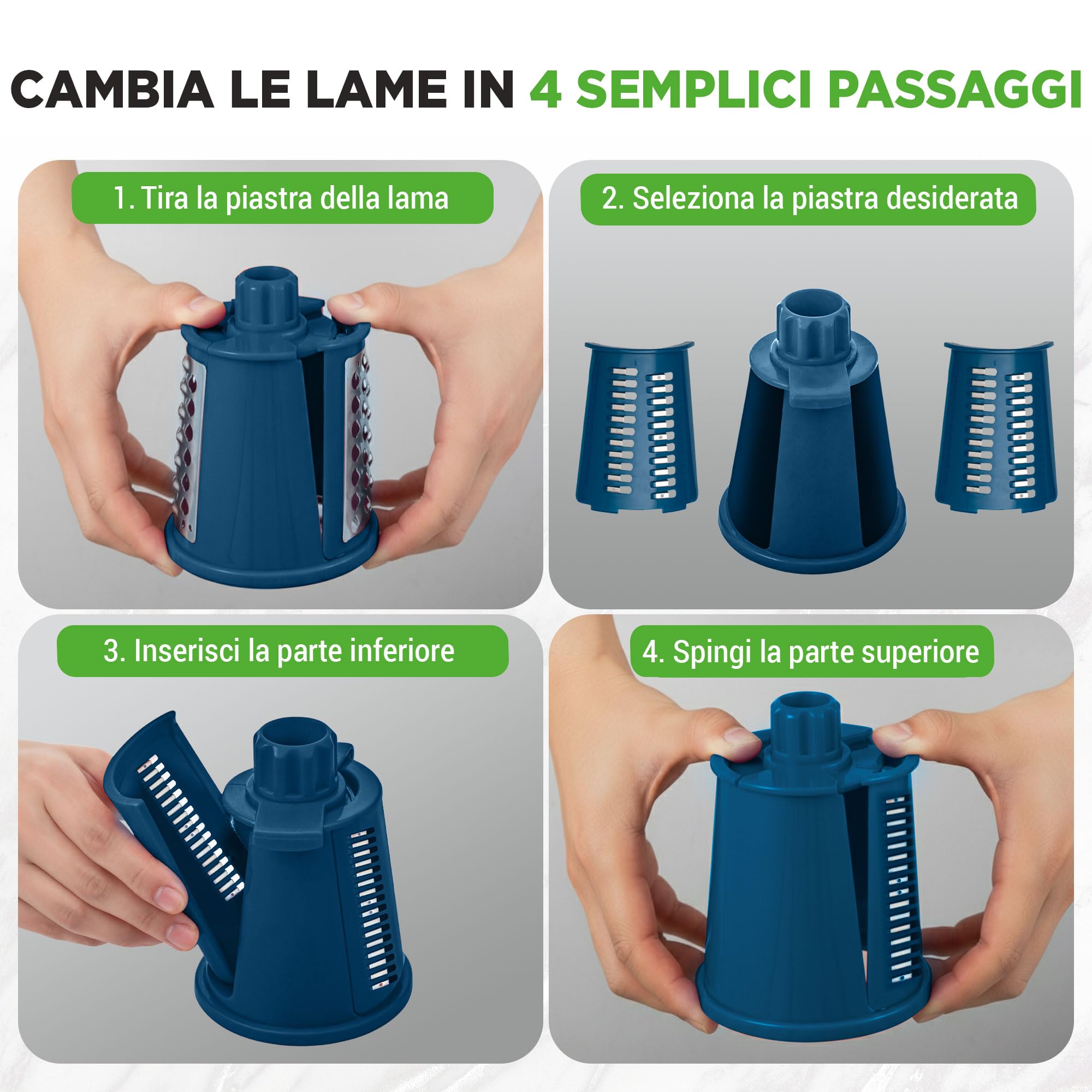 NutriChef Mandolina per Verdure 5 in 1 e Grattugia Formaggio per Cucina, Affetta Verdure con 5 Lame Intercambiabili, Manovella, Base a Ventosa e Contenitore, Accessori Cucina, Blu