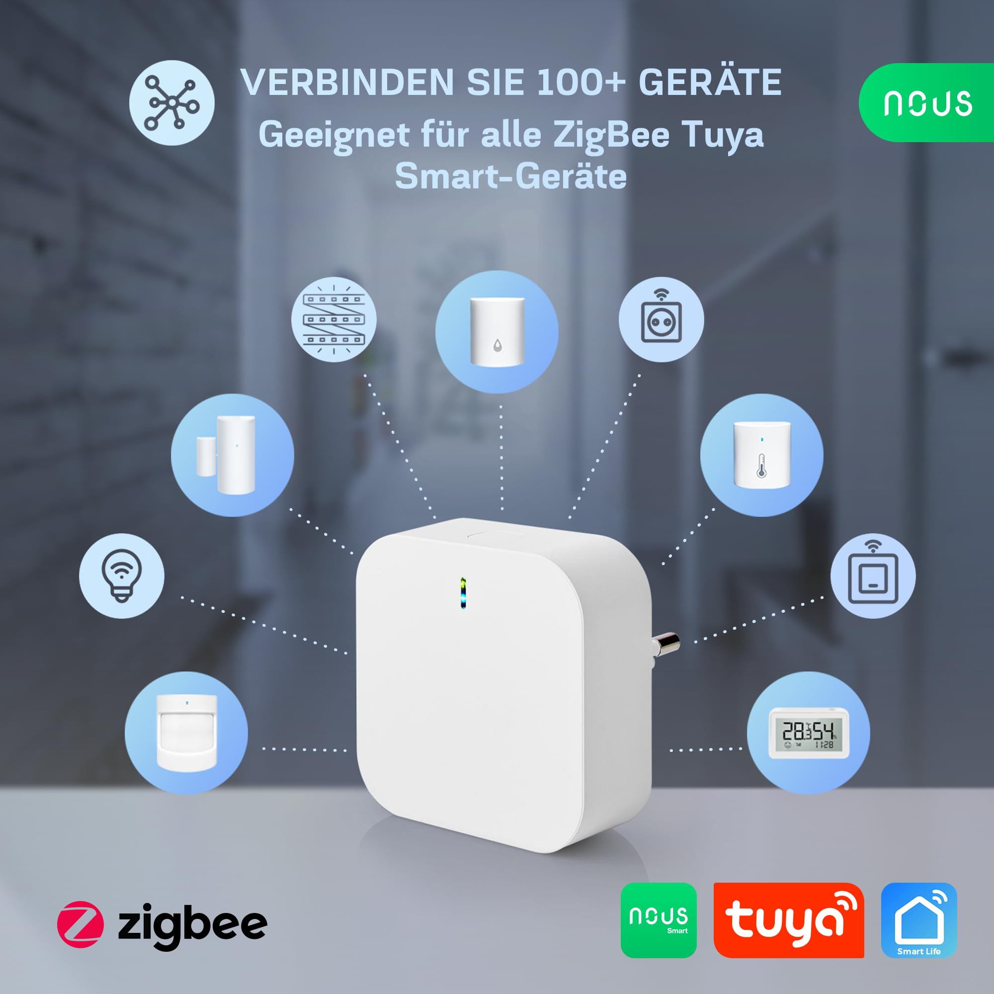 NOUS E1 ZigBee Gateway, ZigBee Hub/Bluetooth Hub, ZigBee Bridge, ZigBee Smart Home, ZigBee Gateway Alexa, Gateway ZigBee Smart Home, ZigBee 3.0, Bluetooth, Smart Life/Tuya App
