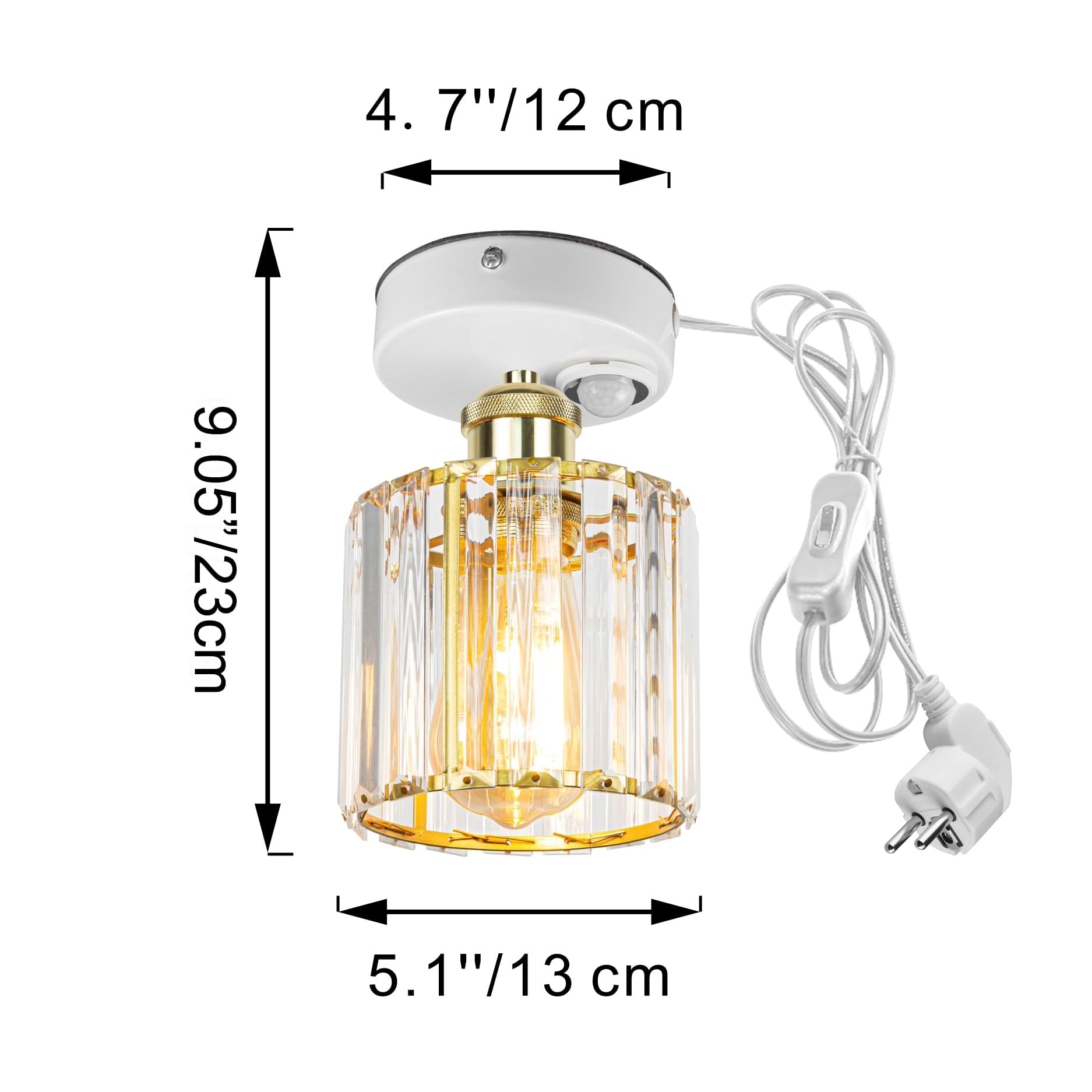 Plafoniera con sensore di movimento interno, moderna lampada da soffitto in cristallo, sensore di movimento con cavo da 4,5 m e portalampada E27, per corridoio, bagno, scale, garage, oro