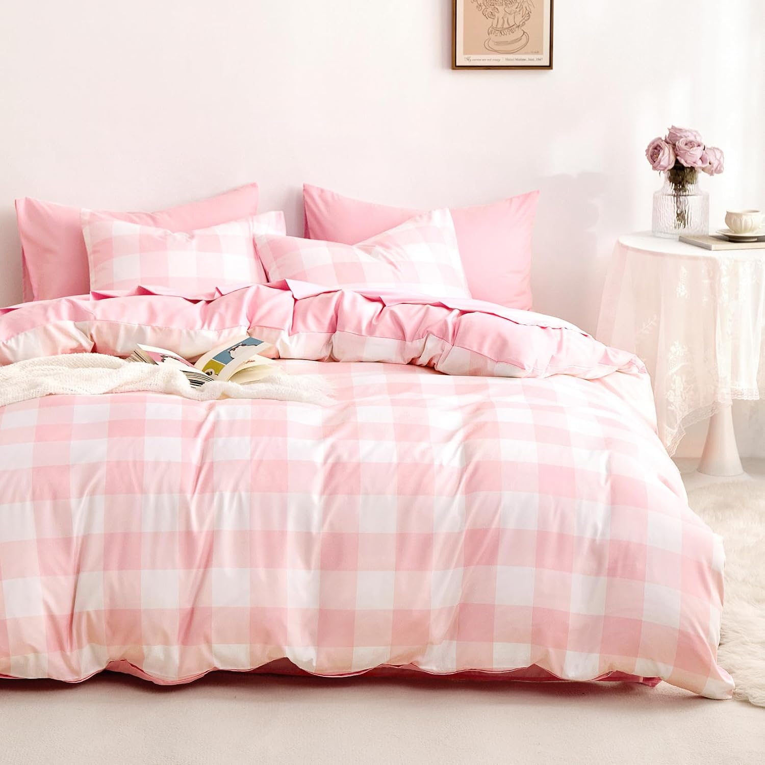 Wake In Cloud - Gingham Duvet Cover Set, Plaid Buffalo Checker Check Cute Aesthetic for Teen Boys Girls, Soft Lightweight Dorm Bedding, 3-Piece, Light Pink White, Queen Size