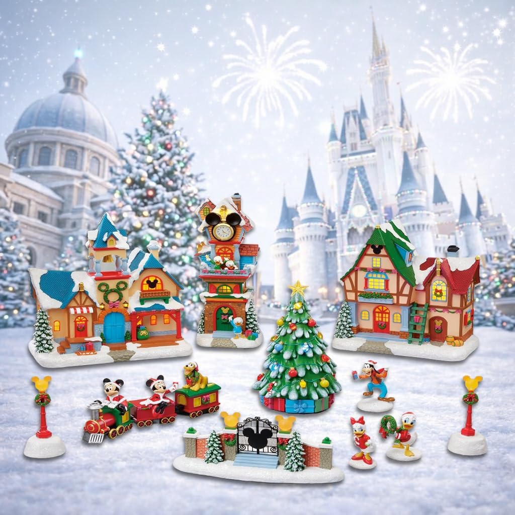 MOMENTS IN TIME Disney Christmas Village Collection 13 Pieces with LED Lights, Music & Timer Hand Painted Buildings and Cartoon Characters Battery Operated Holiday Decoration