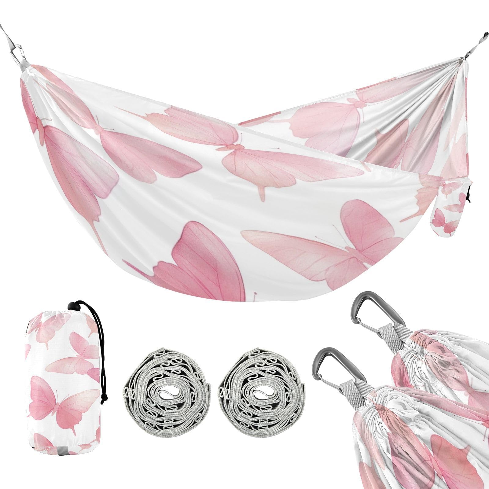 Haskirky Pink Butterfly Camping Hammock, Single Portable Hammocks with Tree Straps & Attached Carry Bag, 330Lbs Capacity Perfect for Outside Indoor Hiking Beach Backpack Travel
