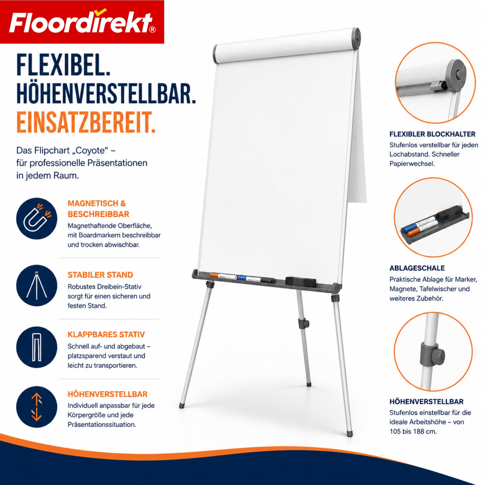 Floordirekt Flipchart mit Dreibein, Blockhalter & Seitenarmen - magnetisch & beschreibbar - freistehend & höhenverstellbar - Whiteboard Tafel Magnettafel - Board mit Ablageschale (Coyote)