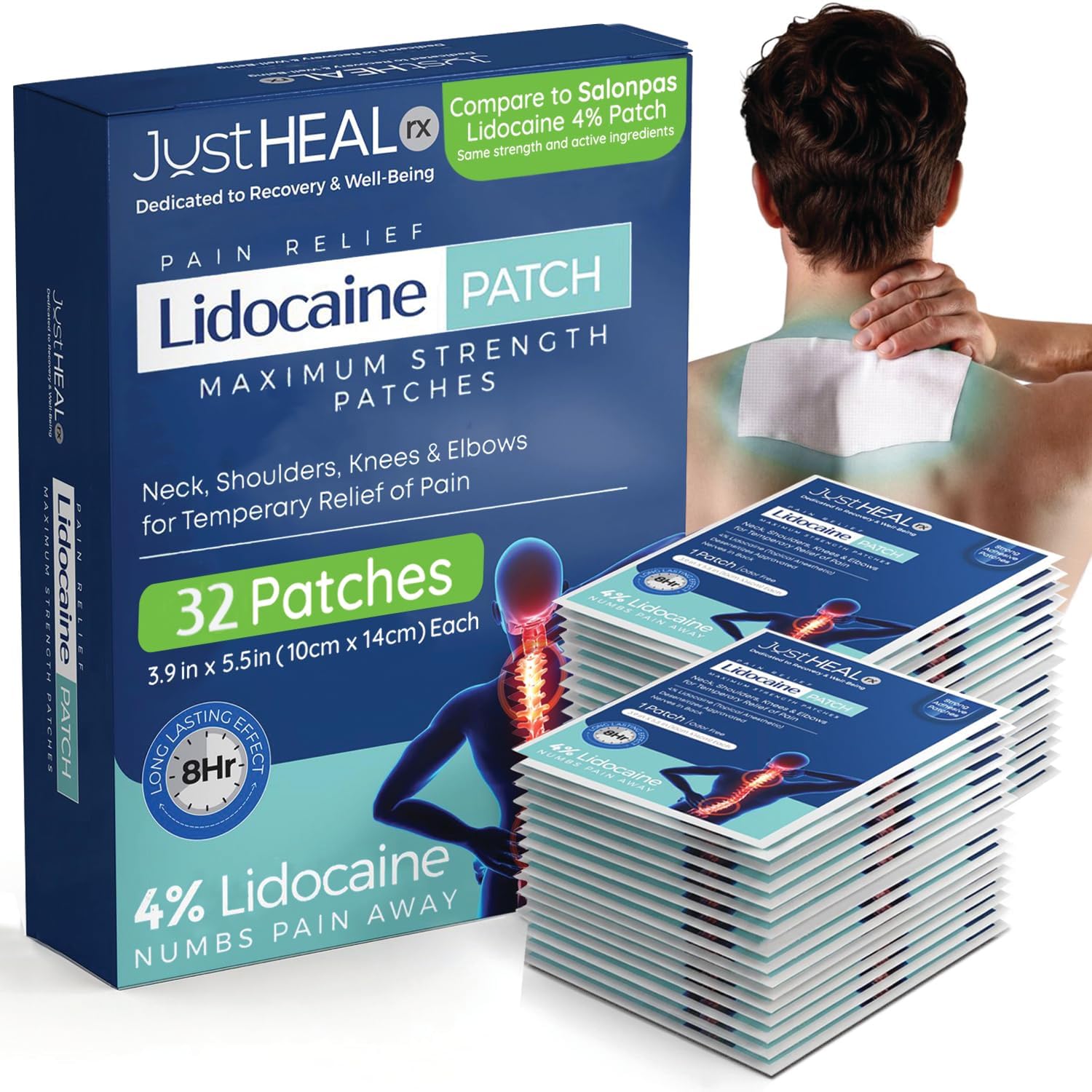 Lidocaine Patches 32 Pack 4% Numbing Pain Relief for Knee, Neck & Back