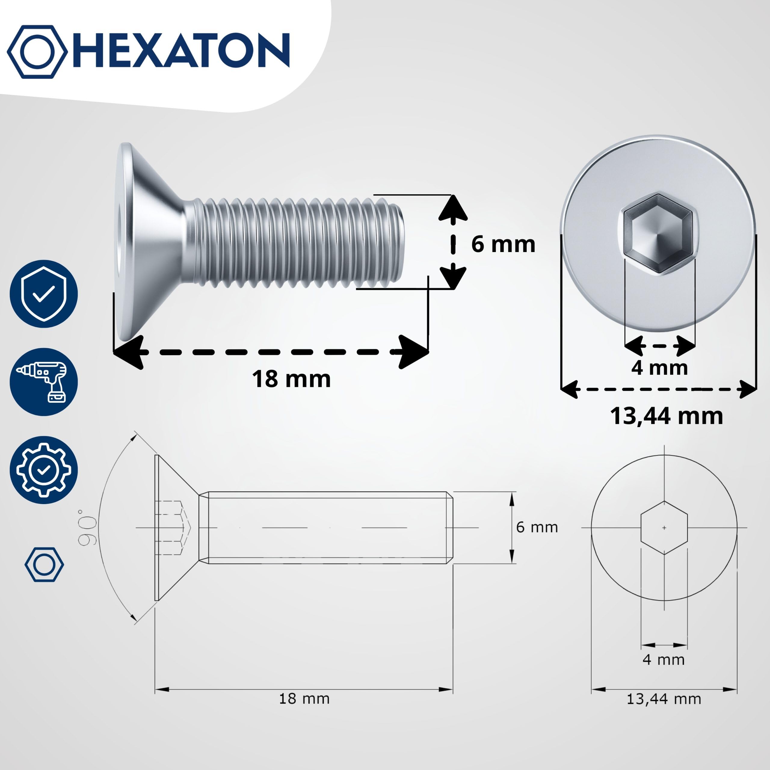HEXATON Tornillos Avellanados - M6 x 18 mm - 100 Piezas - Cabeza Plana y Hexágono Interior - Rosca Métrica Completa - Acero Galvanizado