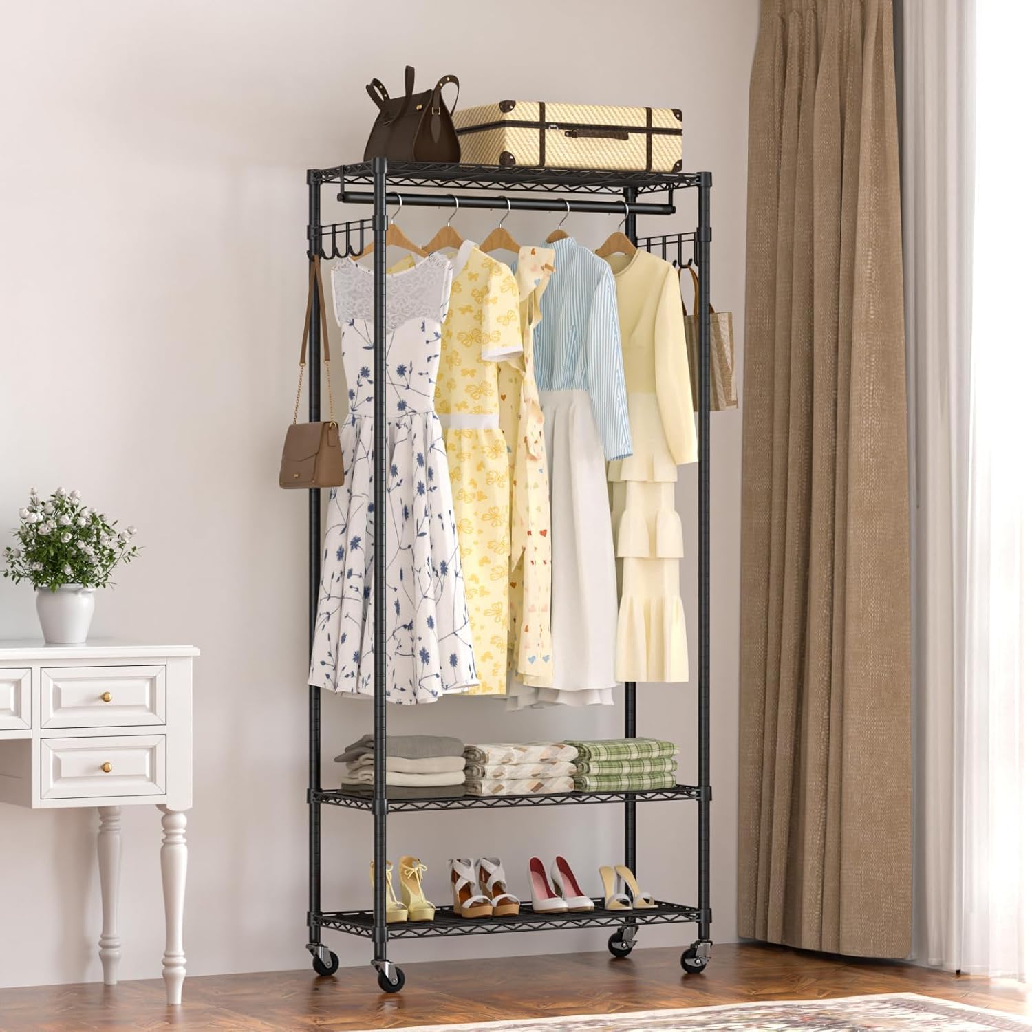 Garment Rack Heavy Duty 3 Tiers Adjustable Freestanding Metal Rolling Clothing Rack with Double Rods and Side Hooks for Hanging Clothes, Black