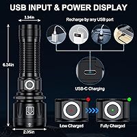 Vista 3 de Linternas de alto lúmenes, 1800.000 lúmenes, linterna recargable súper brillante con 5 modos de luz, zoomable, IP67 impermeable, linterna LED