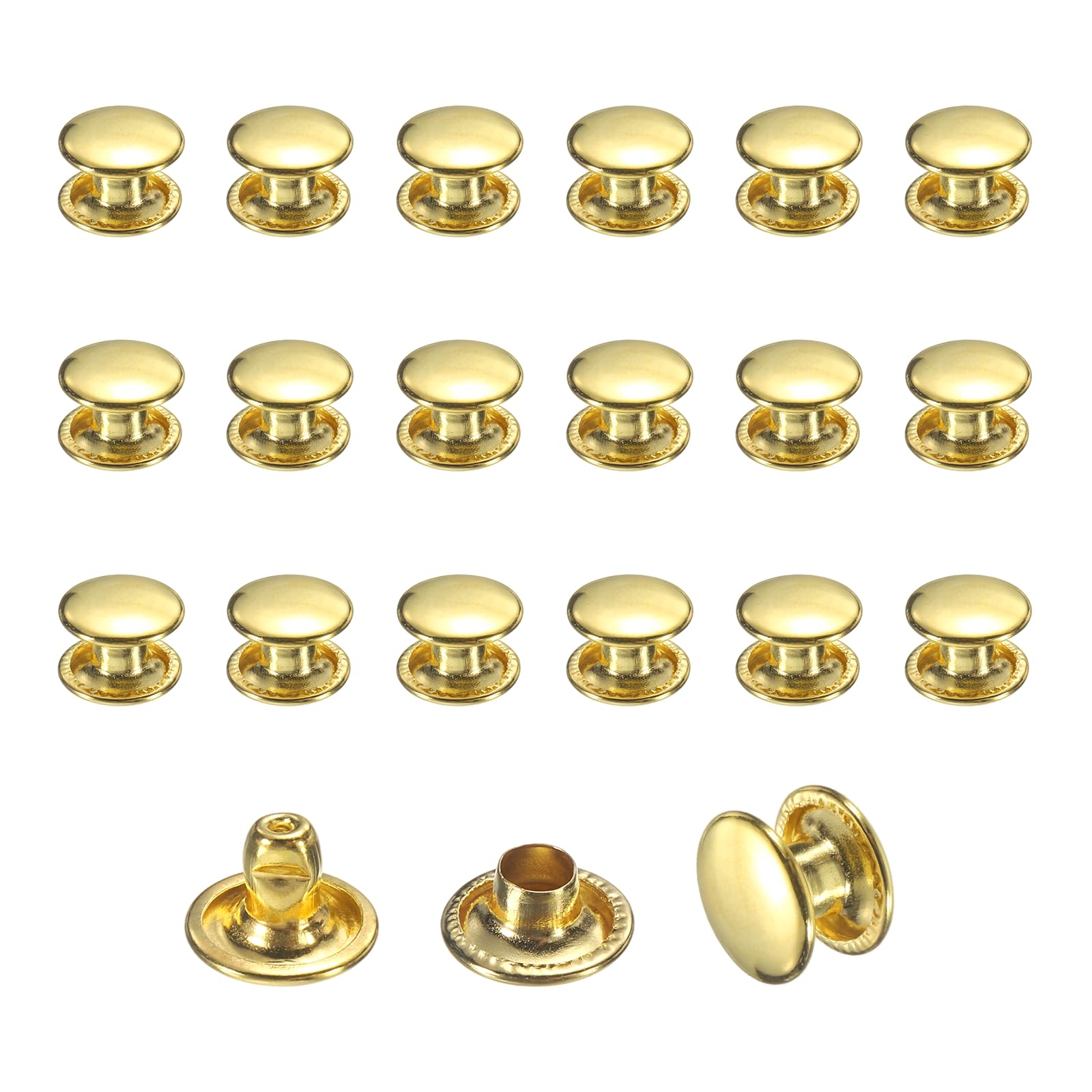 sourcing map 120 Sets Leather Rivets, 8mm Double Cap Rivets, 6mm Height Tubular Metal Studs for Leather Craft Repair and Decoration DIY Clothes, Shoes, Bags, Belts, Gold