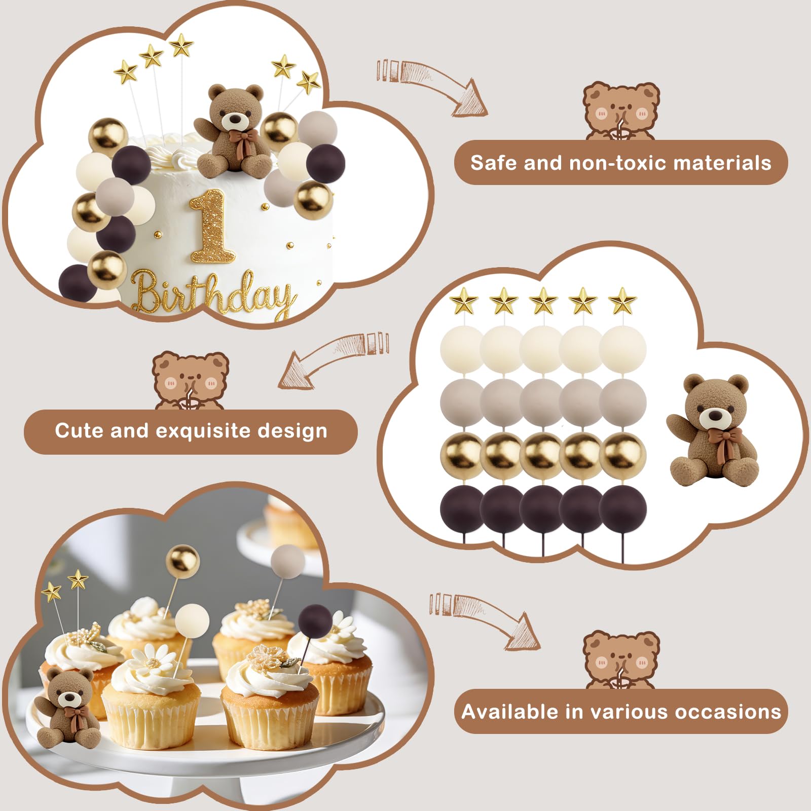 26Pcs Baby Shower Cake Topper,Beige Brown Bear Balls and Stars Baby Shower Cake Decoration,Boho Cake Toppers Perfect for Gender Reveal Party & Newborn Celebrations - Image 4