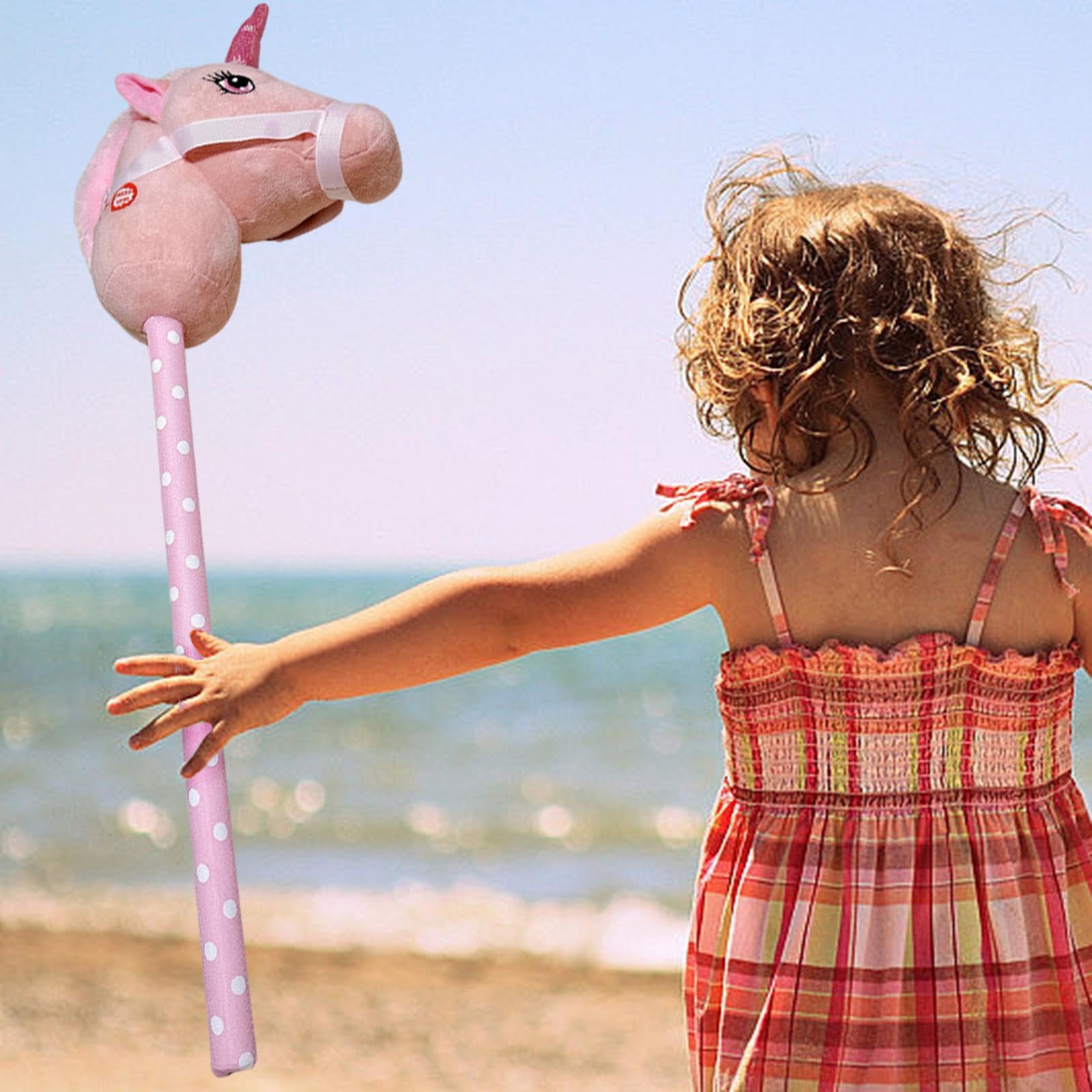 Hobby Horse Bastone Peluche Cavallo Testa Animale Morbida Giocattolo con Suoni Realistici per Bambini Adatto a Regalo Compleanno Casa, Rosa