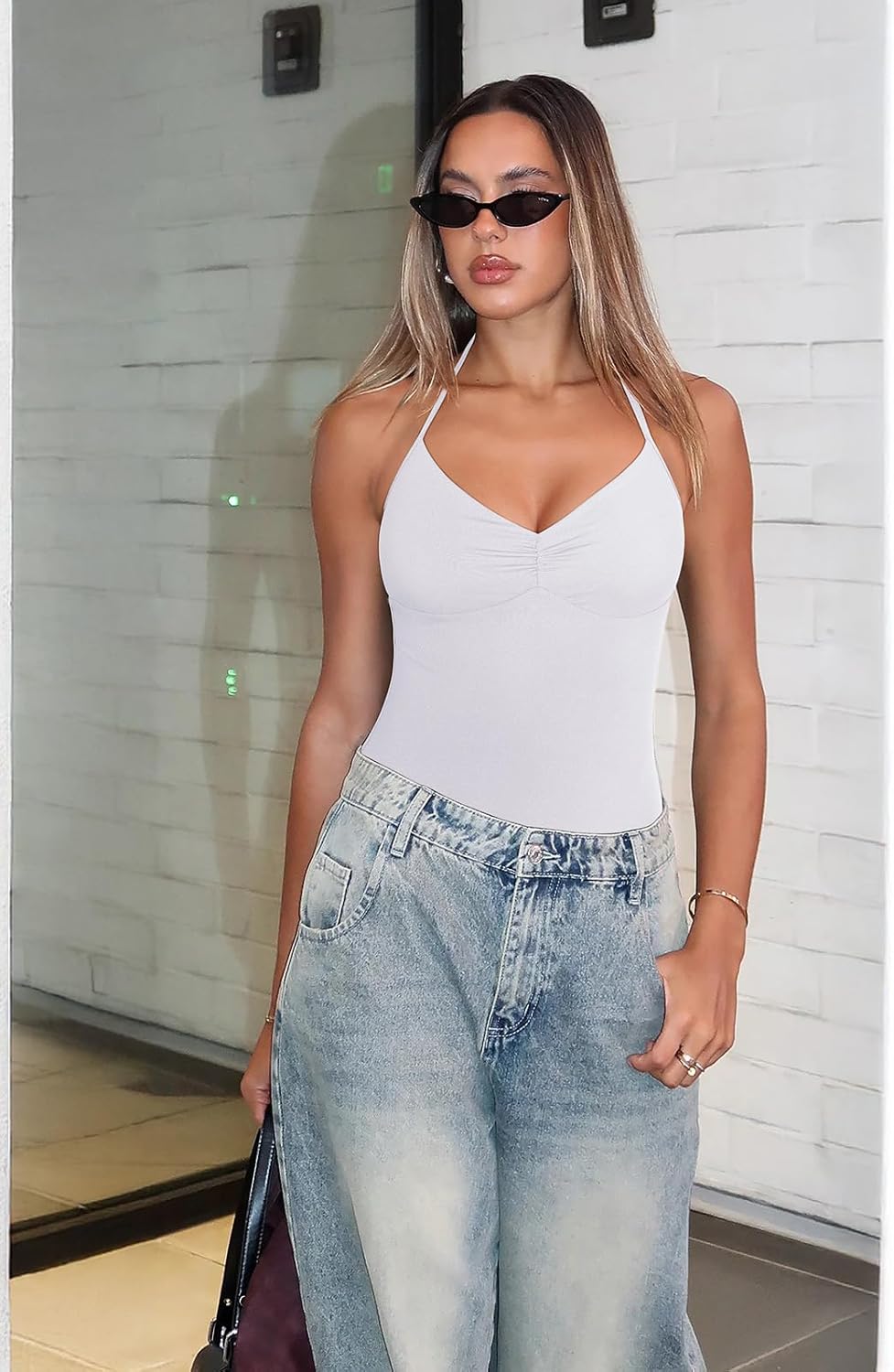 REORIA Women's Sexy Halter V Neck Sleeveless Bodysuit Backless Cami Bodysuits Tank Tops Basic - Image 5