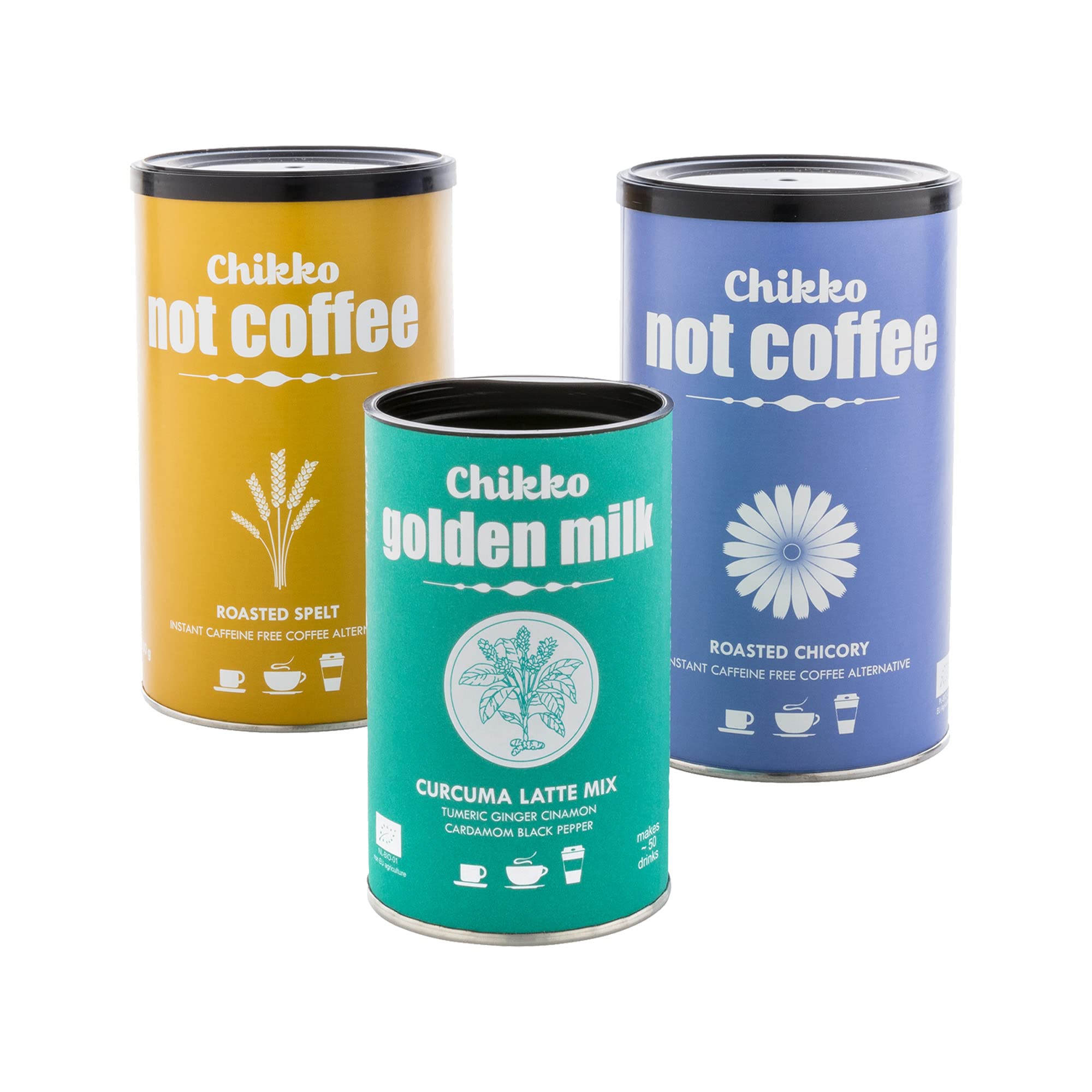 Chikko Not Coffee Leche Dorada en Polvo 6x110g - Latte de cúrcuma bio, canela, jengibre, cardamomo y pimienta negra - Sin azúcar