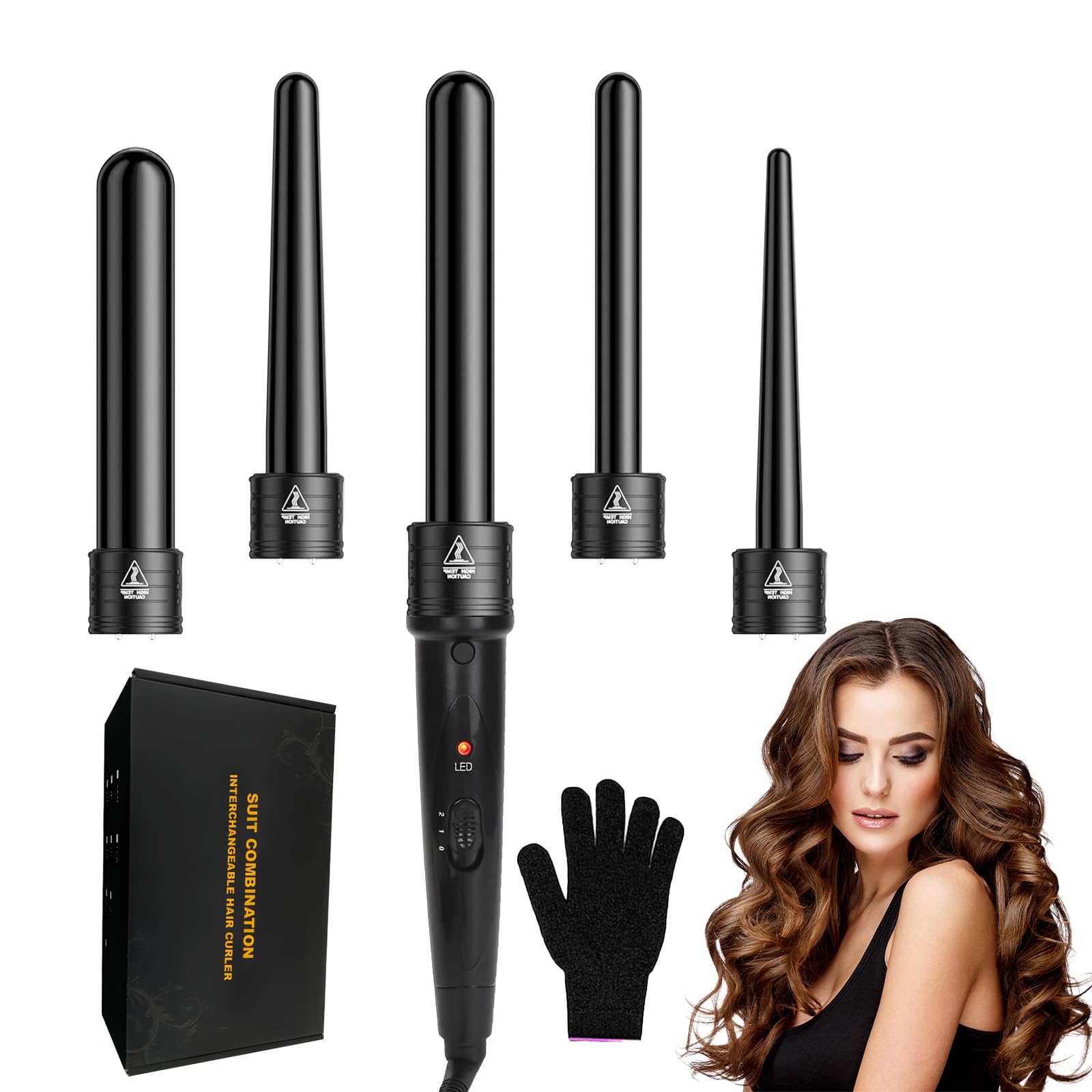 Tenacilla de Pelo Profesional, Moldeador de Pelo, 5 en 1 Rizador de Pelo, Recubrimiento Cerámico, Guante Resistente, Temperatura Ajustable 150℃-210℃, Cable Profesional Giratorio