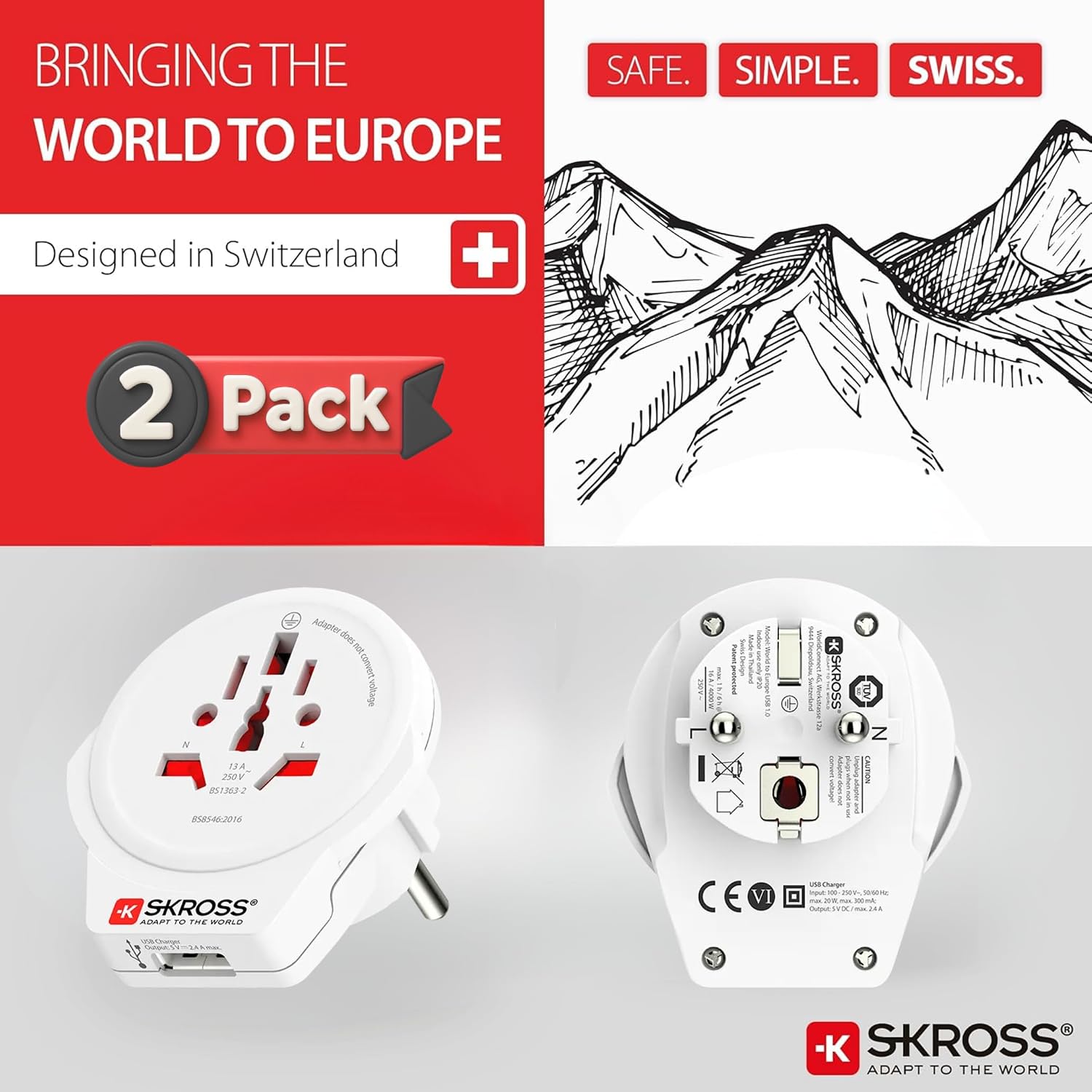 SKROSS World to Europe USB Travel Adapter 2-Pack - Swiss Plug Adapter for European Outlets, 16A / 4000W, 100-250V, USB Charging, Child Safe, White