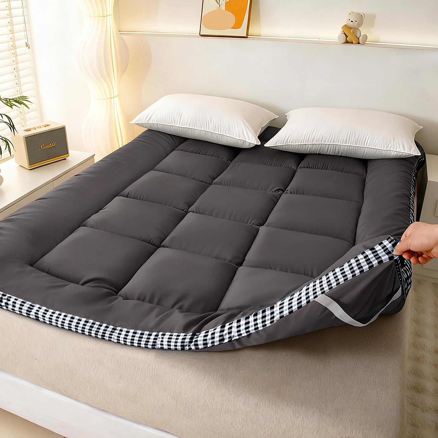 thick mattress topper full size - non-slip mattress pad cover for back pain breathable folding sleeping pad machine washable mattress protector (54x75 inch,black)