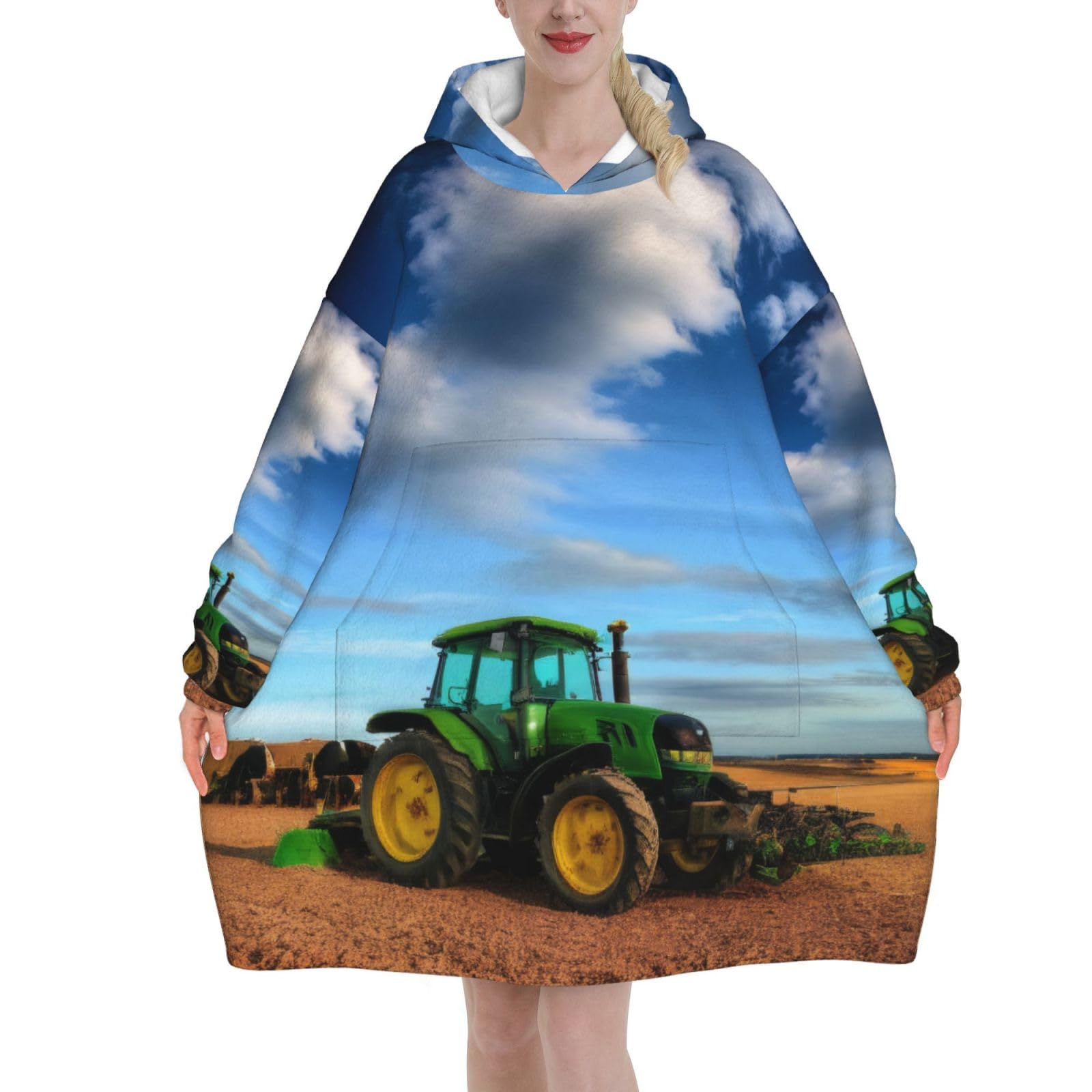 Fantasy Farm Tractor Print Oversized Blanket Hoodie, Wearable Blanket Adult For Women Men And Teenager, Super Soft Warm Flannel Fluffy Hooded Blankets Sweatshirt With Big Pocket