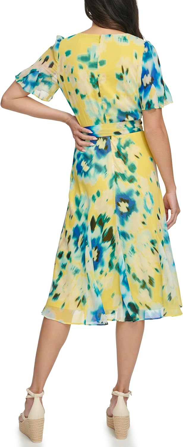 DKNY Womens Flutter Sleeve Round Neck Waist Tie Midi Dress - Image 3