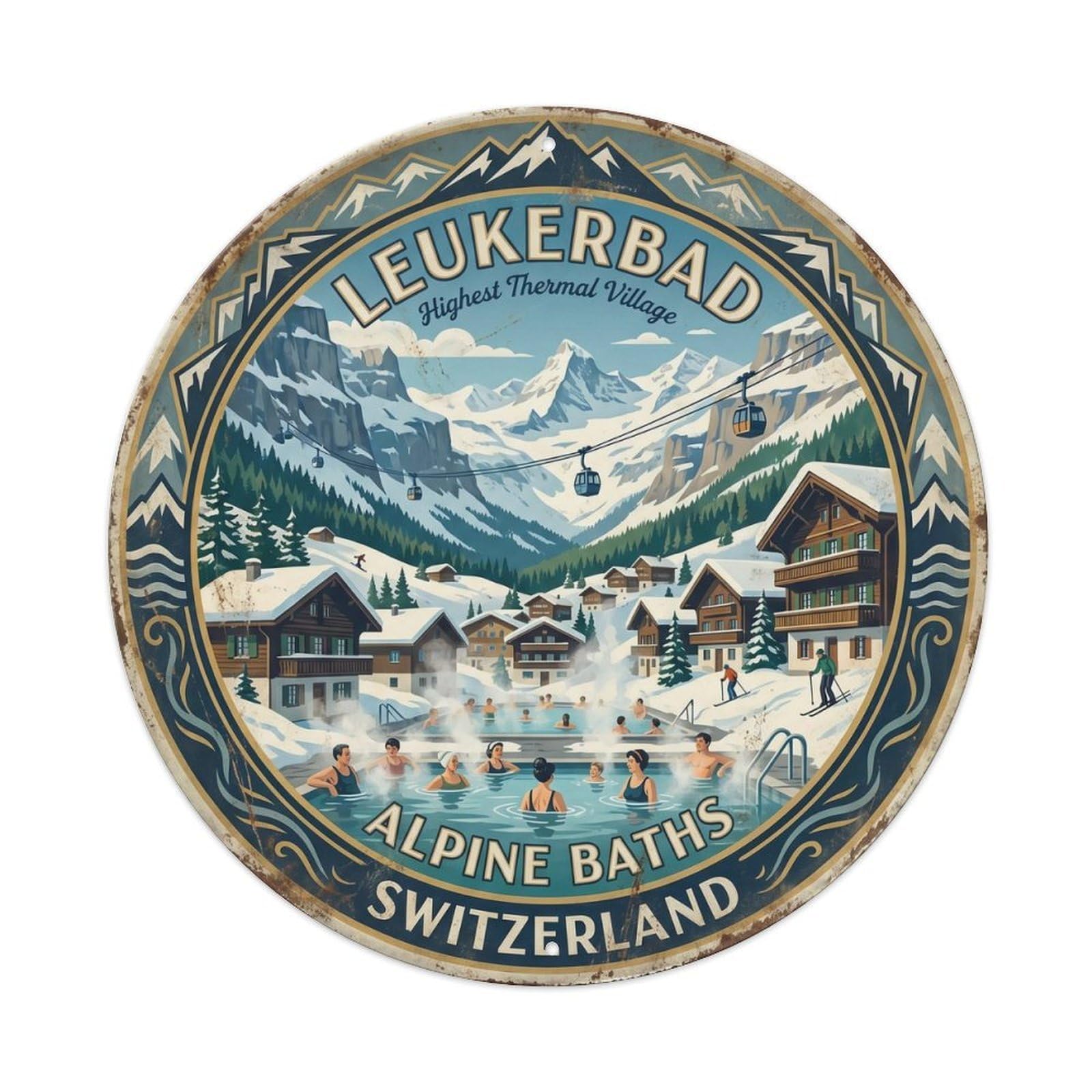 Vintage Travel Leukerbad Thermal Switzerland Metal Tin Sign