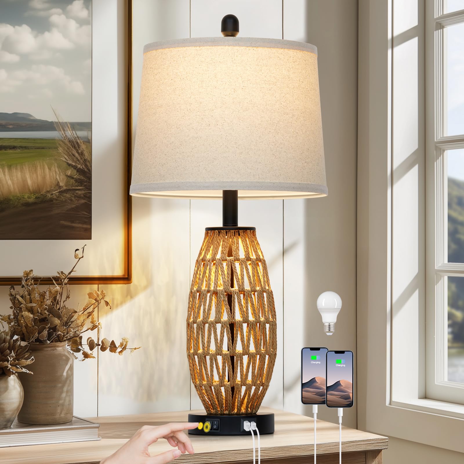 27 Boho Rattan Table Lamp with Night Light Wicker Bedside Lamp with USB A C Charging Port Woven