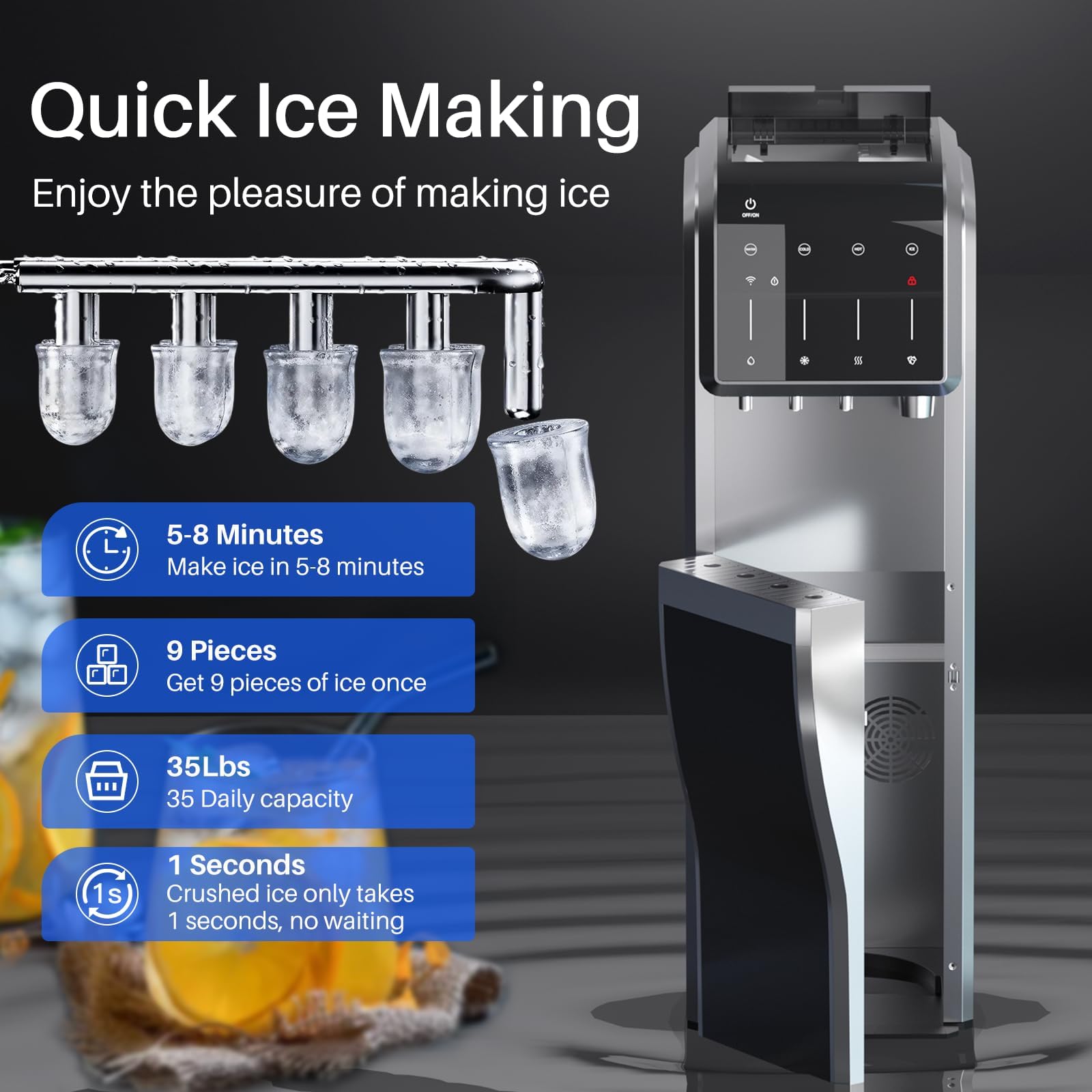 FrigiLife 5-in-1 Water Cooler Dispenser with Ice Maker, Bullet and Crushed/Chewable Ice Machine, Hot and Cold Water, Bottom Load for 5 Gallon Bottle, 35lbs/24H, WiFi, Child Lock, Stainless Steel on Fridge.com