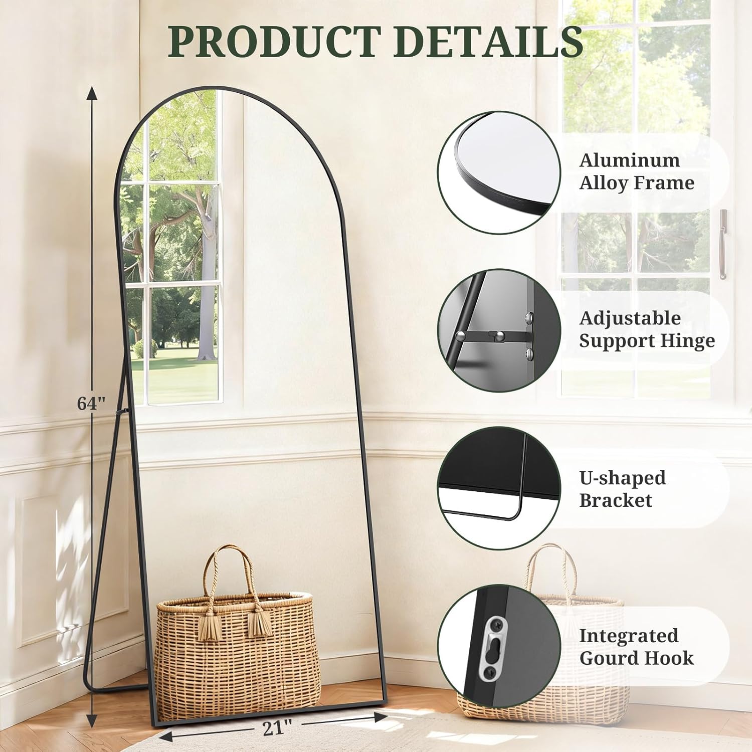 Mirror Full Length 64"x21" Full Body Floor Mirror with Stand, Shatterproof Glass, Aluminum Alloy Frame, Free Standing Wall Mounted or Leaning Arched Mirrors for Bedroom Living Room Entryway