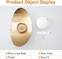 Vista 5 de Iluminación de pared de mediados de siglo, aplique de pared de globo de vidrio blanco, forma clásica de media luna, acabado dorado, luces de tocador