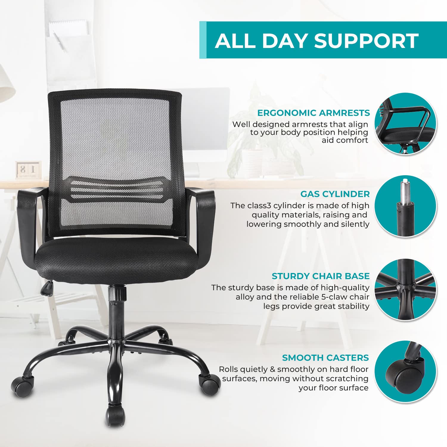 Sedia Con Dondolo Vinsetto Sedia Da Ufficio Ergonomica Con Braccioli E Supporto Lombare, Poltrona Ufficio Girevole E Altezza Regolabile In Tessuto Nero Lombare Sedia Comoda Ufficio Casa