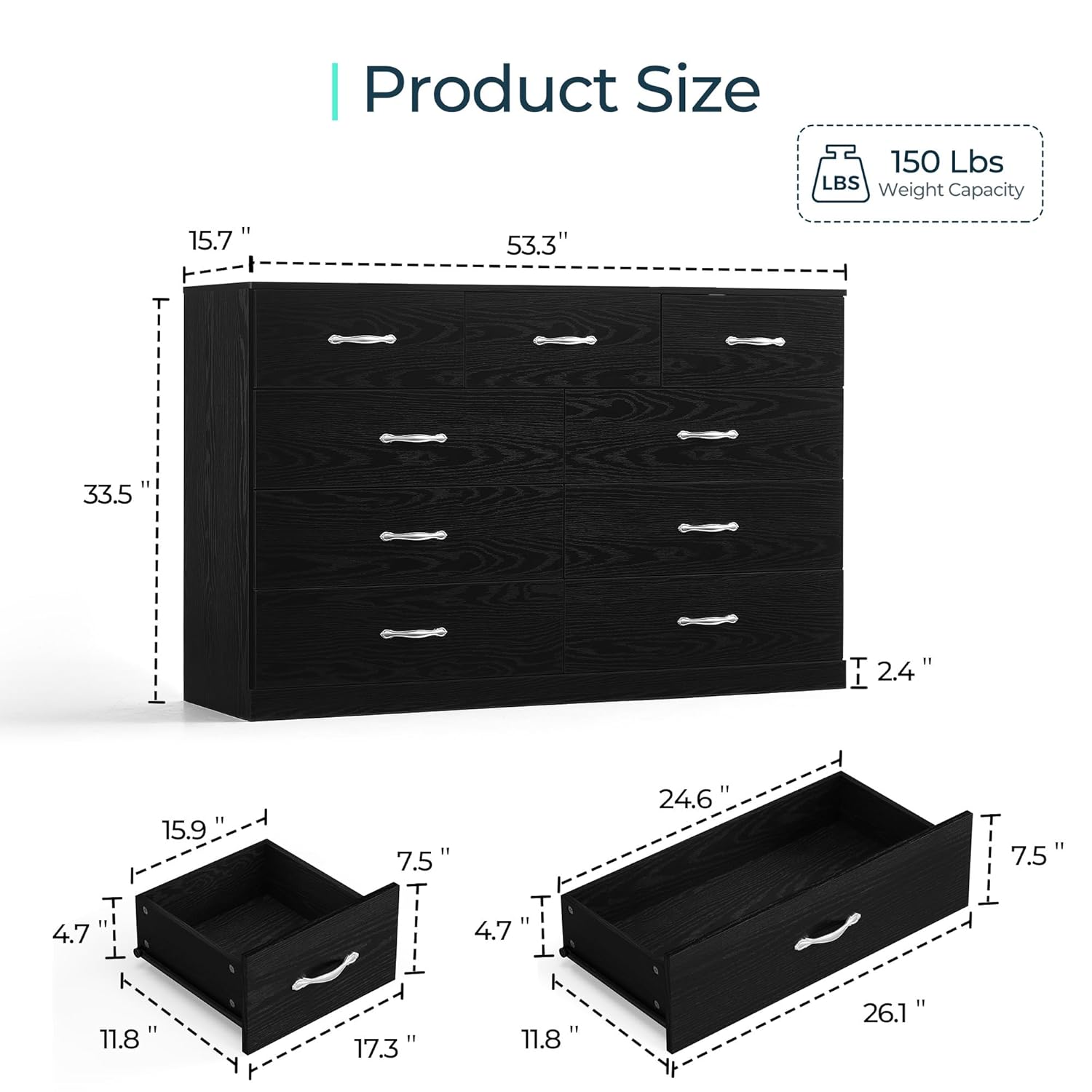 Detailed product dimensions of the LINSY HOME 9-Drawer Dresser