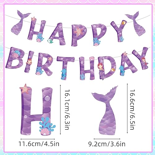 Miniatura 3 de Cartel de feliz cumpleaños, pancarta de sirena morada, pancarta de feliz cumpleaños, decoración de fiesta temática de sirena para niñas, suministros