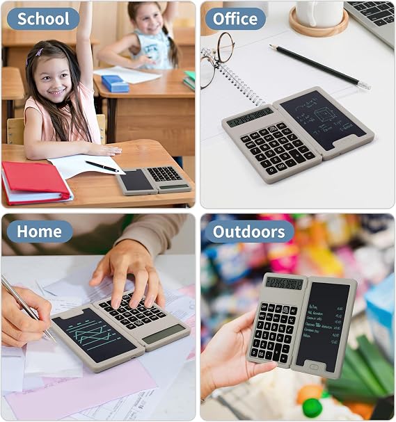 Desk Portable Basic Calculator with Notepad and Stylus with 12 Digits Large Display Multifunction for Office, School, Home, Basic Financial Khaki