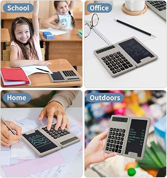 Desk Portable Basic Calculator with Notepad and Stylus with 12 Digits Large Display Multifunction for Office, School, Home, Basic Financial Khaki