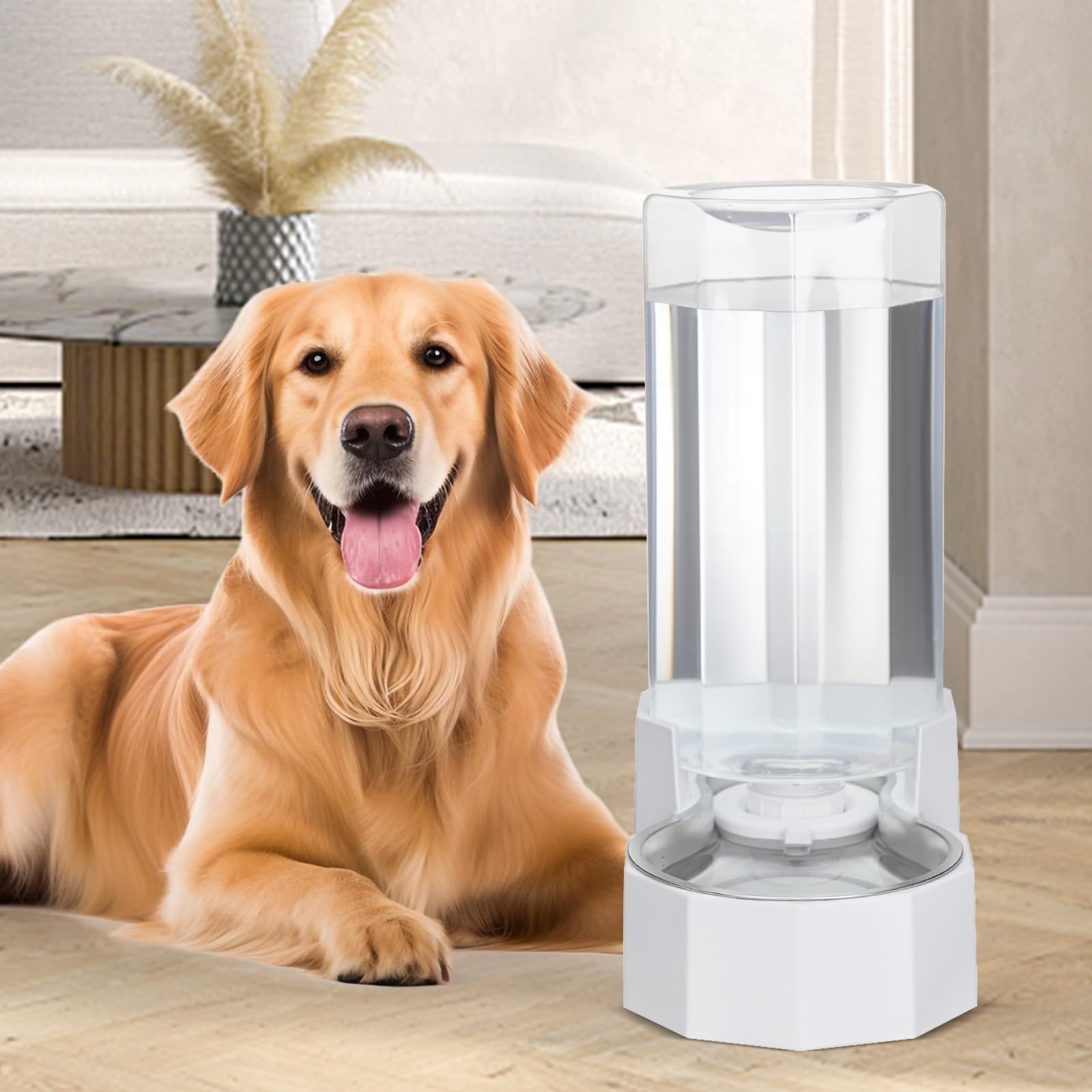 Sfozstra Distributeur d'eau pour grands chiens : distributeur d'eau automatique alimenté par gravité - Facile à nettoyer - Bol en acier inoxydable pour chatons et chiots - Salon ou garage (blanc, 9L)